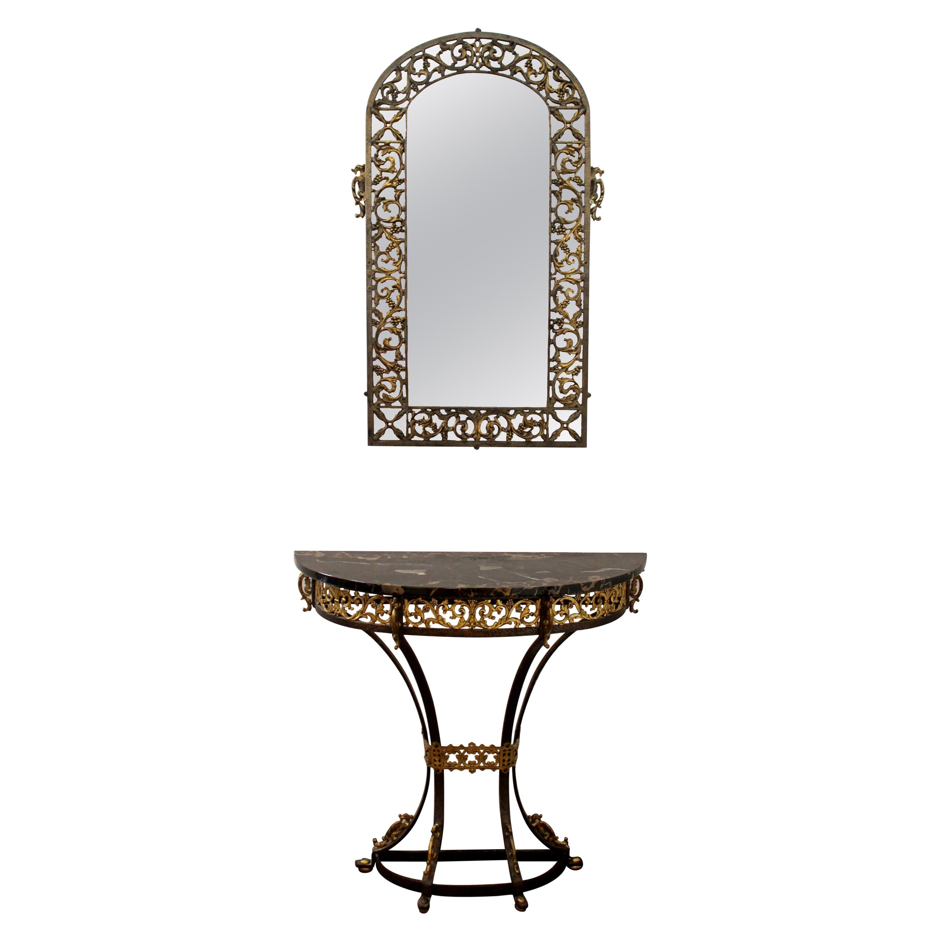 Art Deco Oscar Bach Mirror Marble Wrought Iron Console Table, 1920s