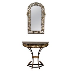 Art Deco Oscar Bach Mirror Marble Wrought Iron Console Table, 1920s