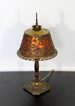 Art Deco Oscar Bach Small Bronze & Amber Glass Ornate Detailed Table Lamp, 1920s