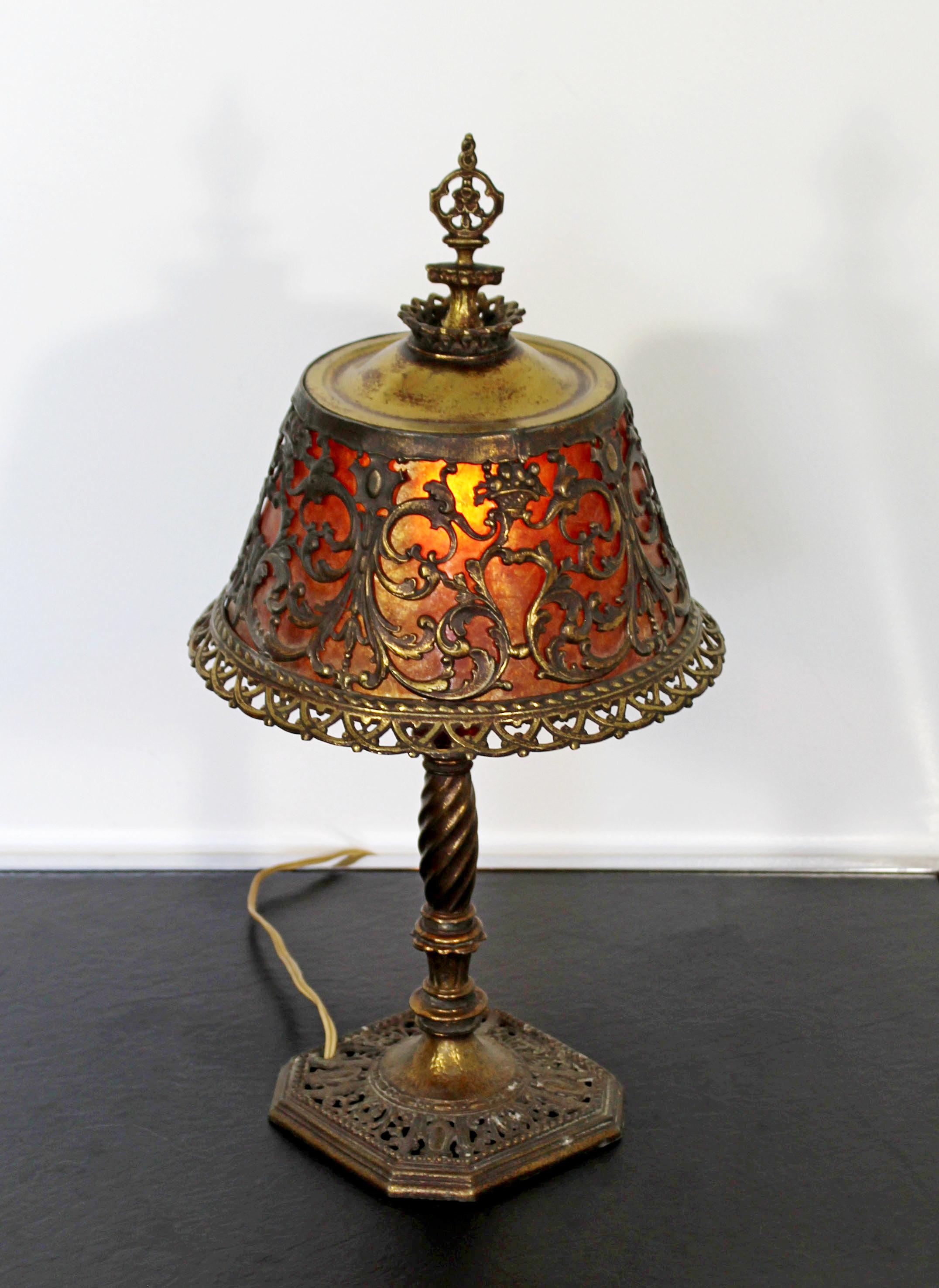 German Art Deco Oscar Bach Small Bronze & Amber Glass Ornate Detailed Table Lamp, 1920s