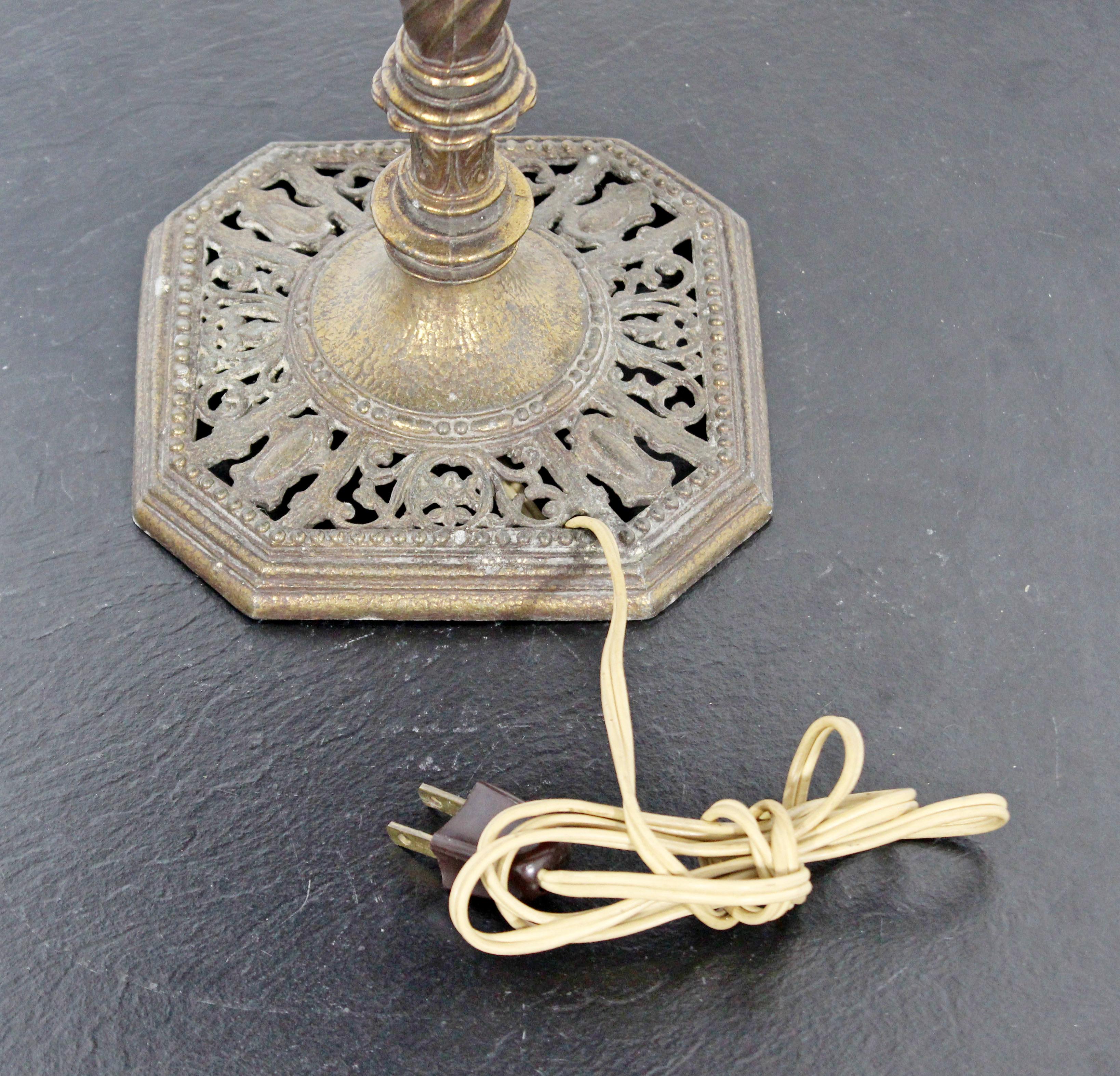 Art Deco Oscar Bach Small Bronze & Amber Glass Ornate Detailed Table Lamp, 1920s 1