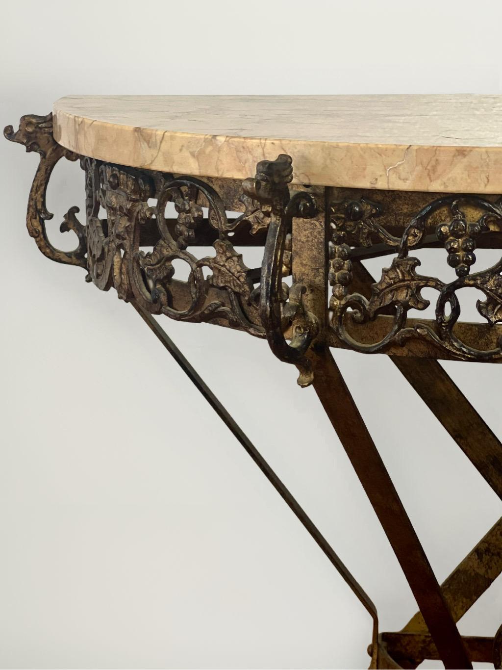 Art Deco Oscar Bach Style Iron and Marble Top Demi-lune Side or Console Table 6