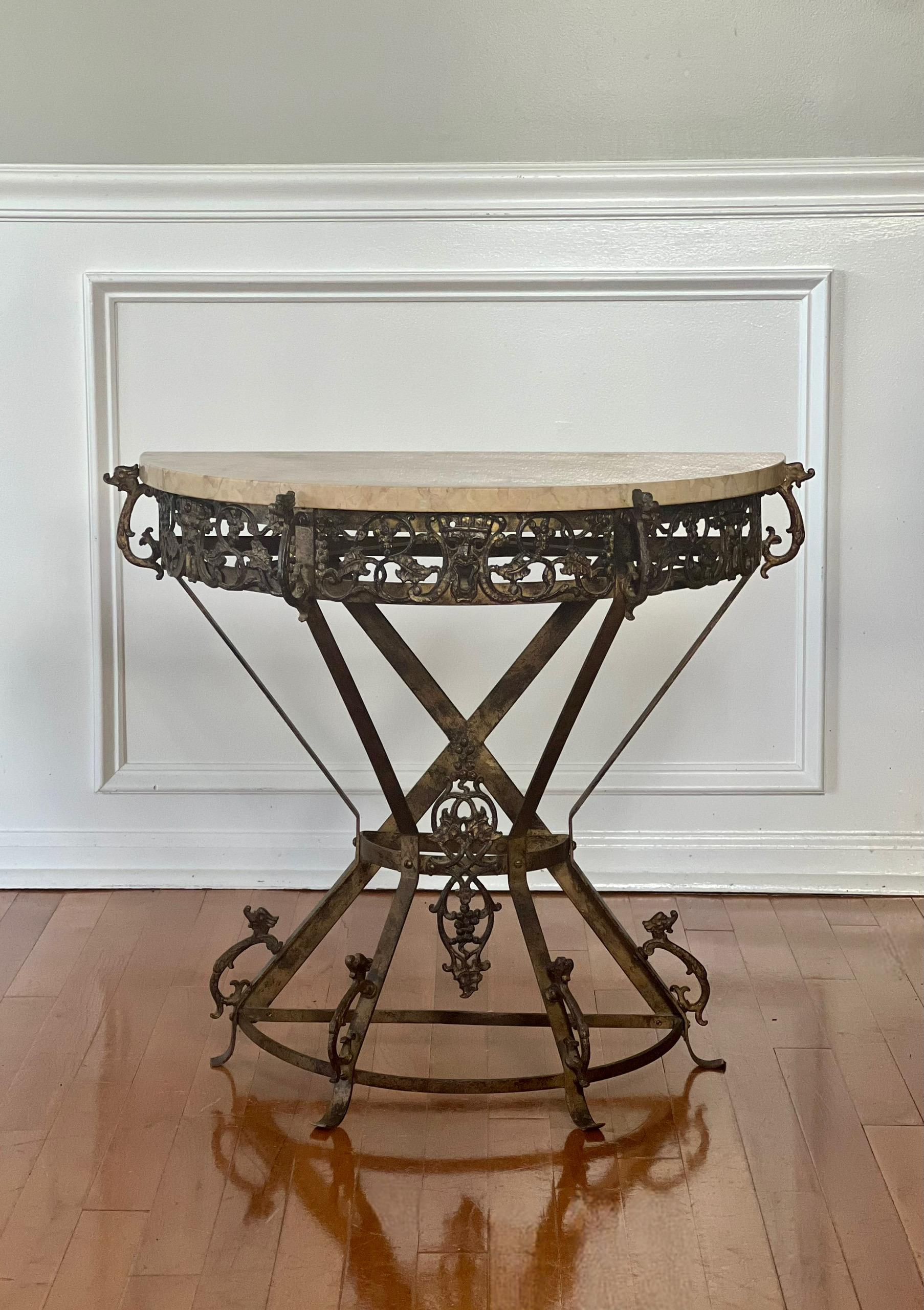Art Deco Oscar Bach Style Iron and Marble Top Demi-lune Side or Console Table 9