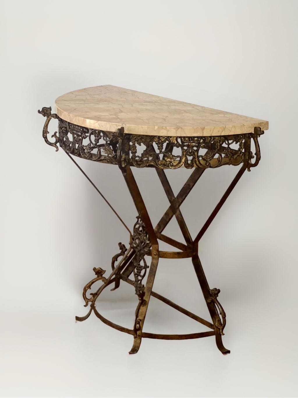Art Deco Oscar Bach Style Iron and Marble Top Demi-lune Side or Console Table In Good Condition In Doylestown, PA
