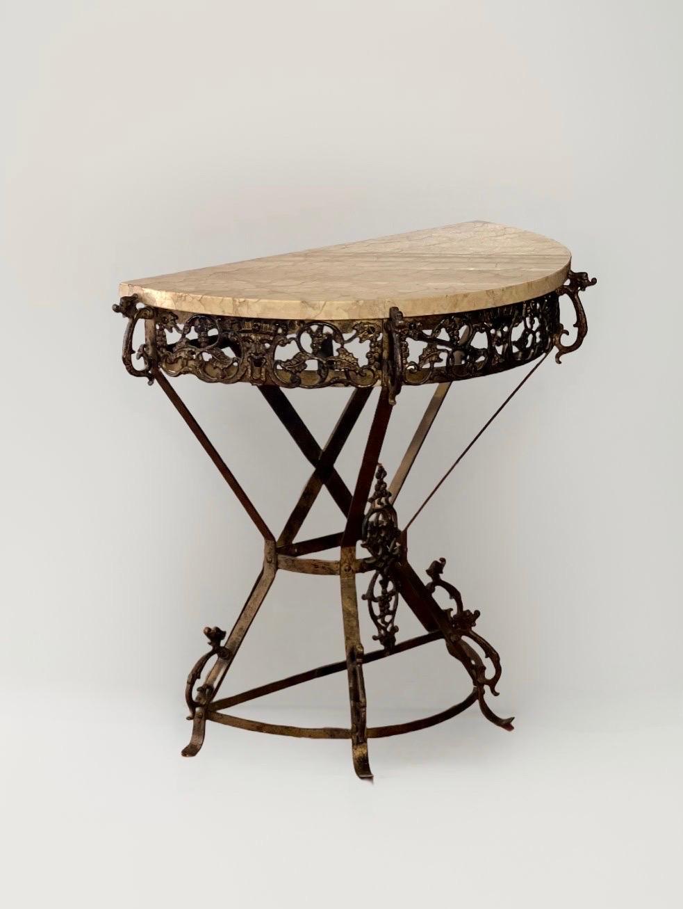 Early 20th Century Art Deco Oscar Bach Style Iron and Marble Top Demi-lune Side or Console Table