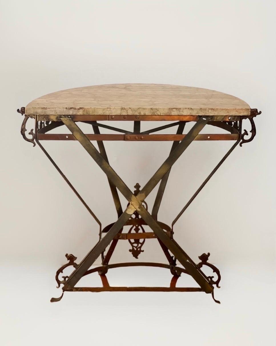 Wrought Iron Art Deco Oscar Bach Style Iron and Marble Top Demi-lune Side or Console Table