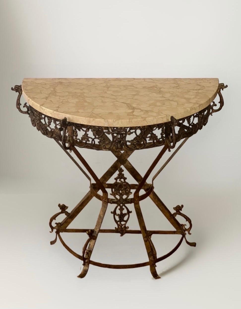 Art Deco Oscar Bach Style Iron and Marble Top Demi-lune Side or Console Table 1