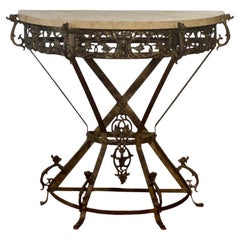 Art Deco Oscar Bach Style Iron and Marble Top Demi-lune Side or Console Table