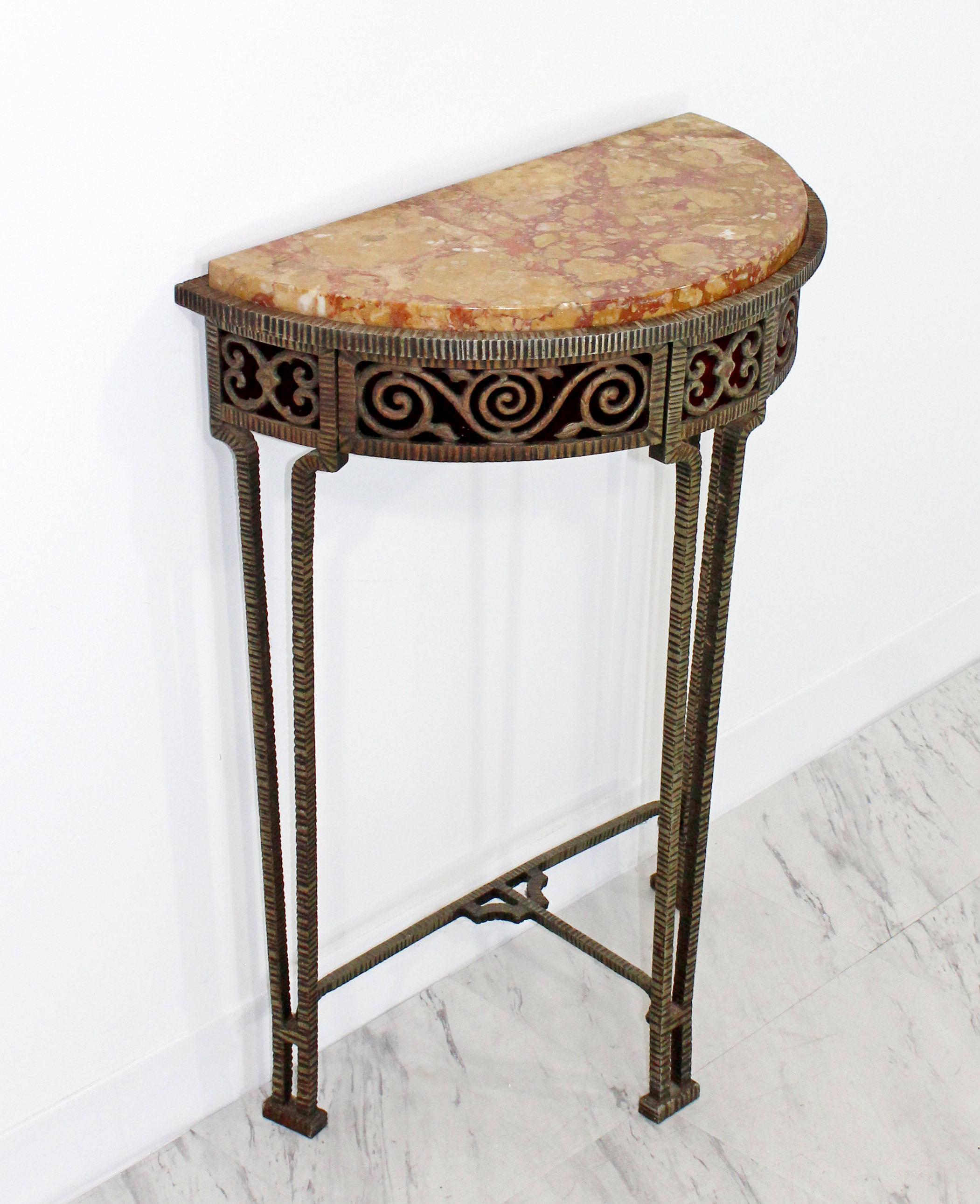 Mid-20th Century Art Deco Oscar Bach Style Verona Marble on Iron Demilune Hall Console Table