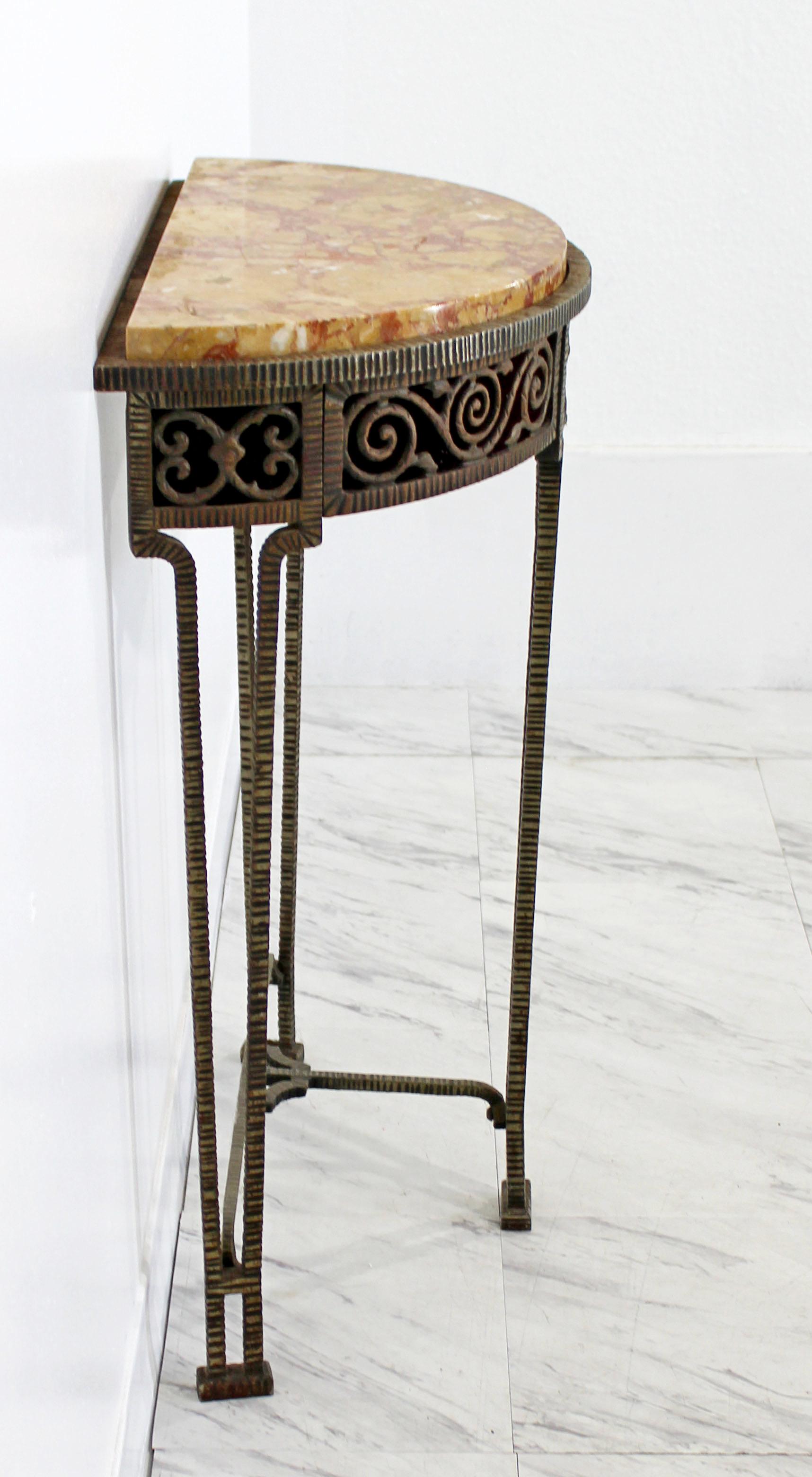 Art Deco Oscar Bach Style Verona Marble on Iron Demilune Hall Console Table 1