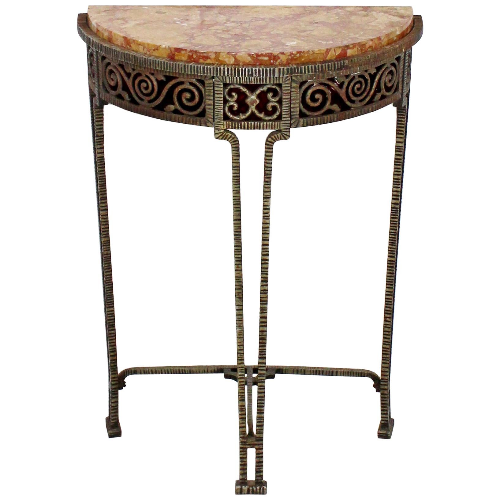Art Deco Oscar Bach Style Verona Marble on Iron Demilune Hall Console Table