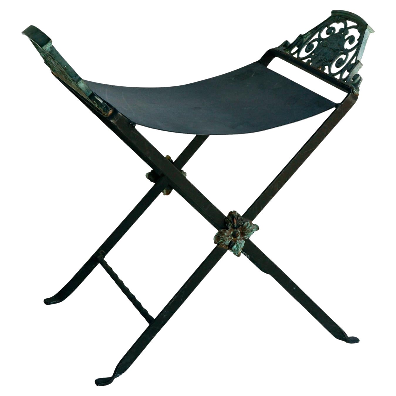 Art Deco "Oscar" Iron & Brass Vanity Bench For Sale