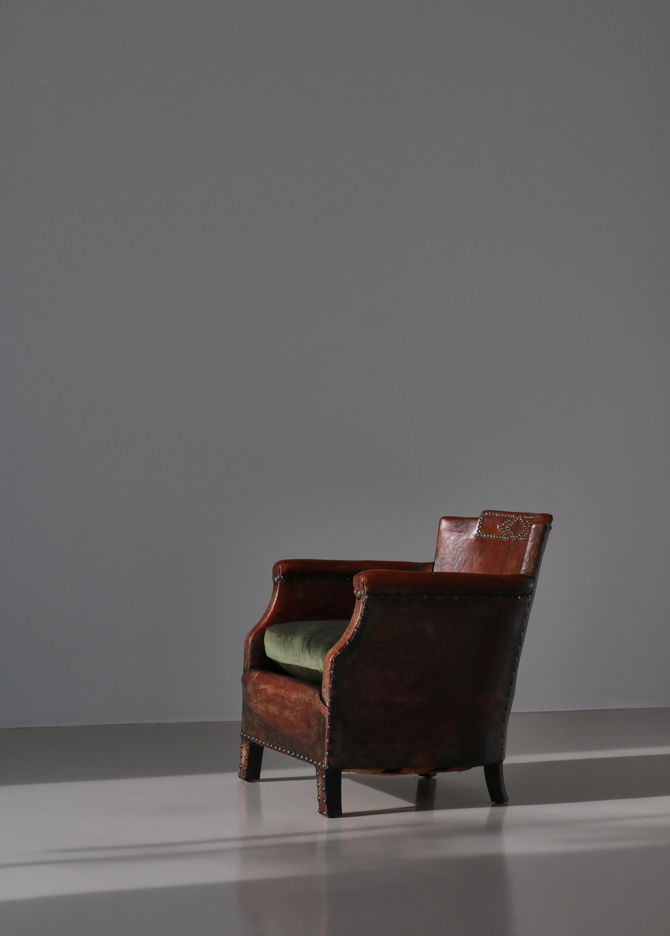 Art Deco Otto Schulz Lounge Chair Patinated Buffalo Leather, BOET, Sweden, 1930s In Good Condition In Odense, DK