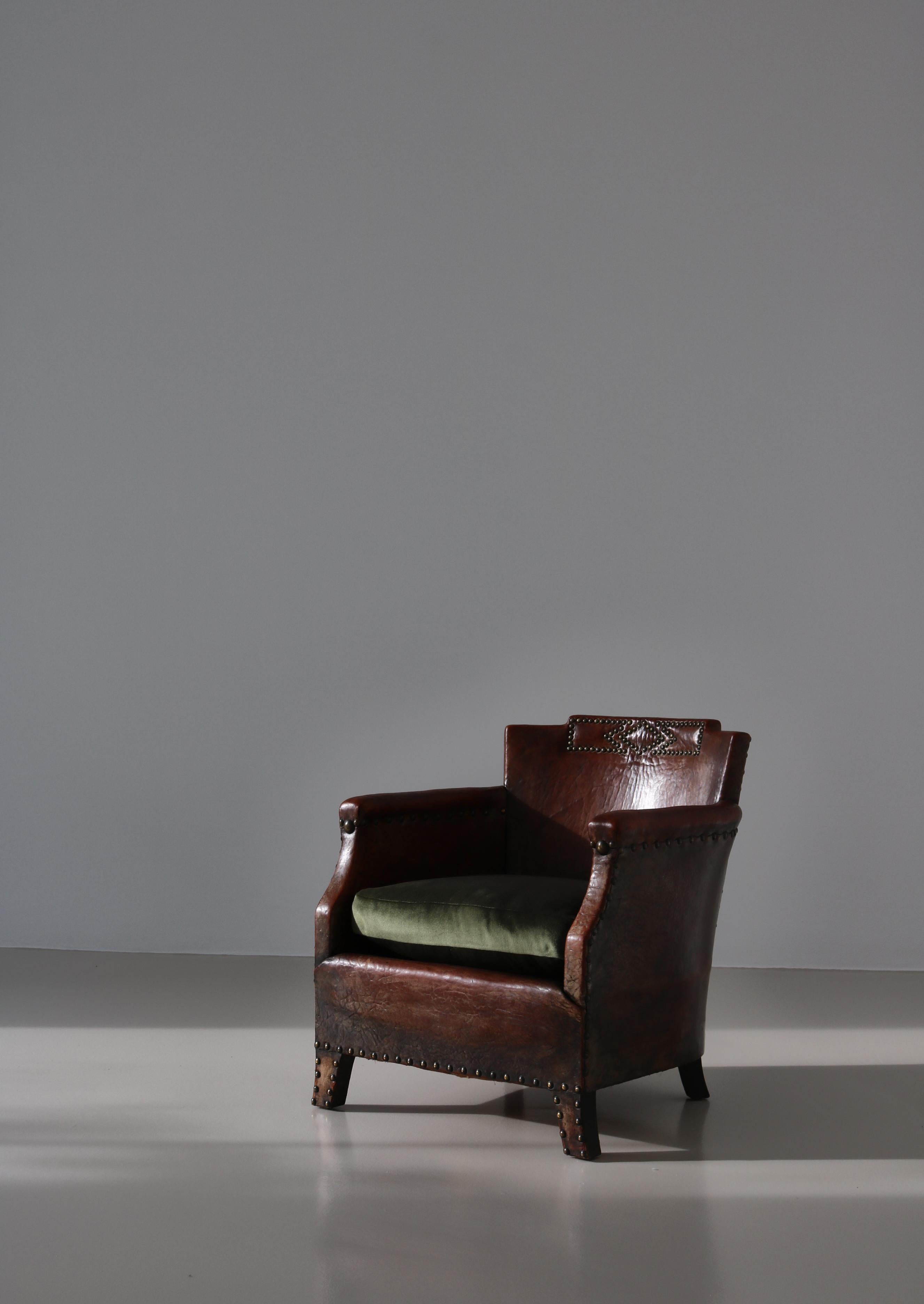 Art Deco Otto Schulz Lounge Chair Patinated Buffalo Leather, BOET, Sweden, 1930s 1