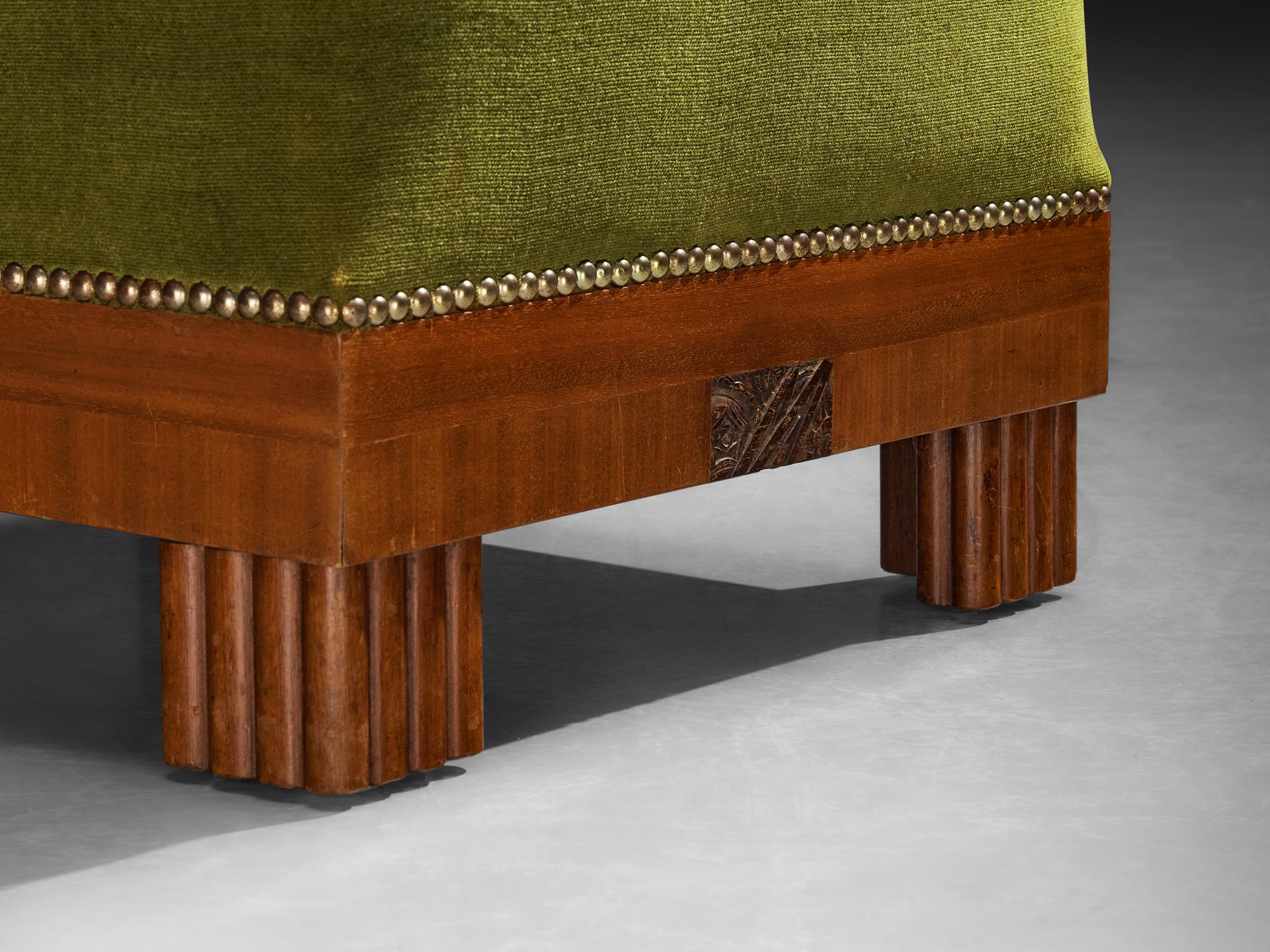 Art-Deco-Ottomane aus Mahagoni und waldgrünem Samt (Art déco) im Angebot
