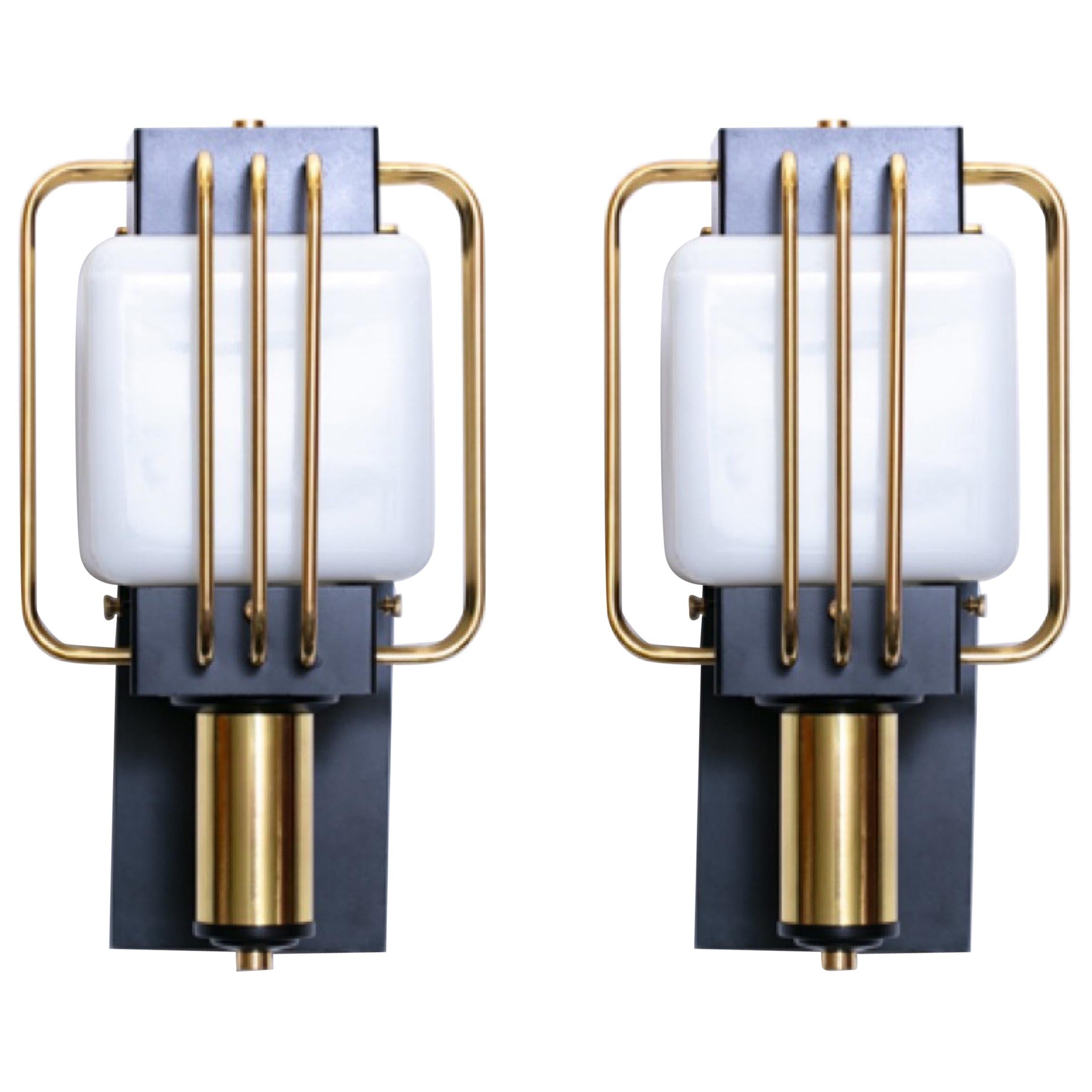 Art Deco Outdoor Pair of Sconces in Black Enamel and Brass