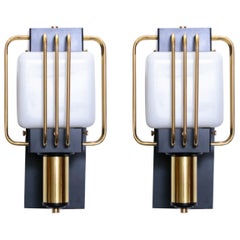 Vintage Art Deco Outdoor Pair of Sconces in Black Enamel and Brass