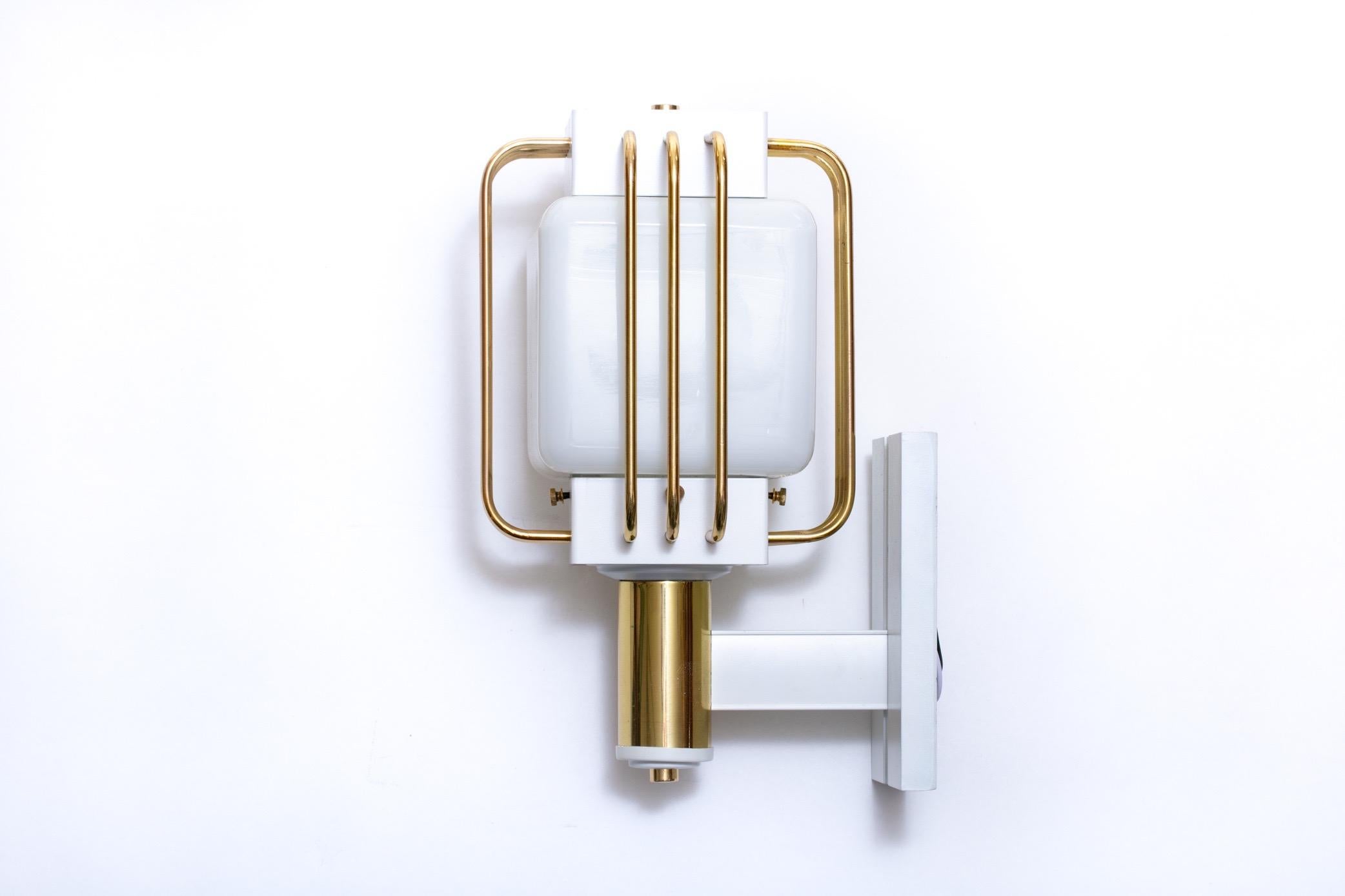 American Art Deco Outdoor Pair of Sconces in White Enamel and Brass