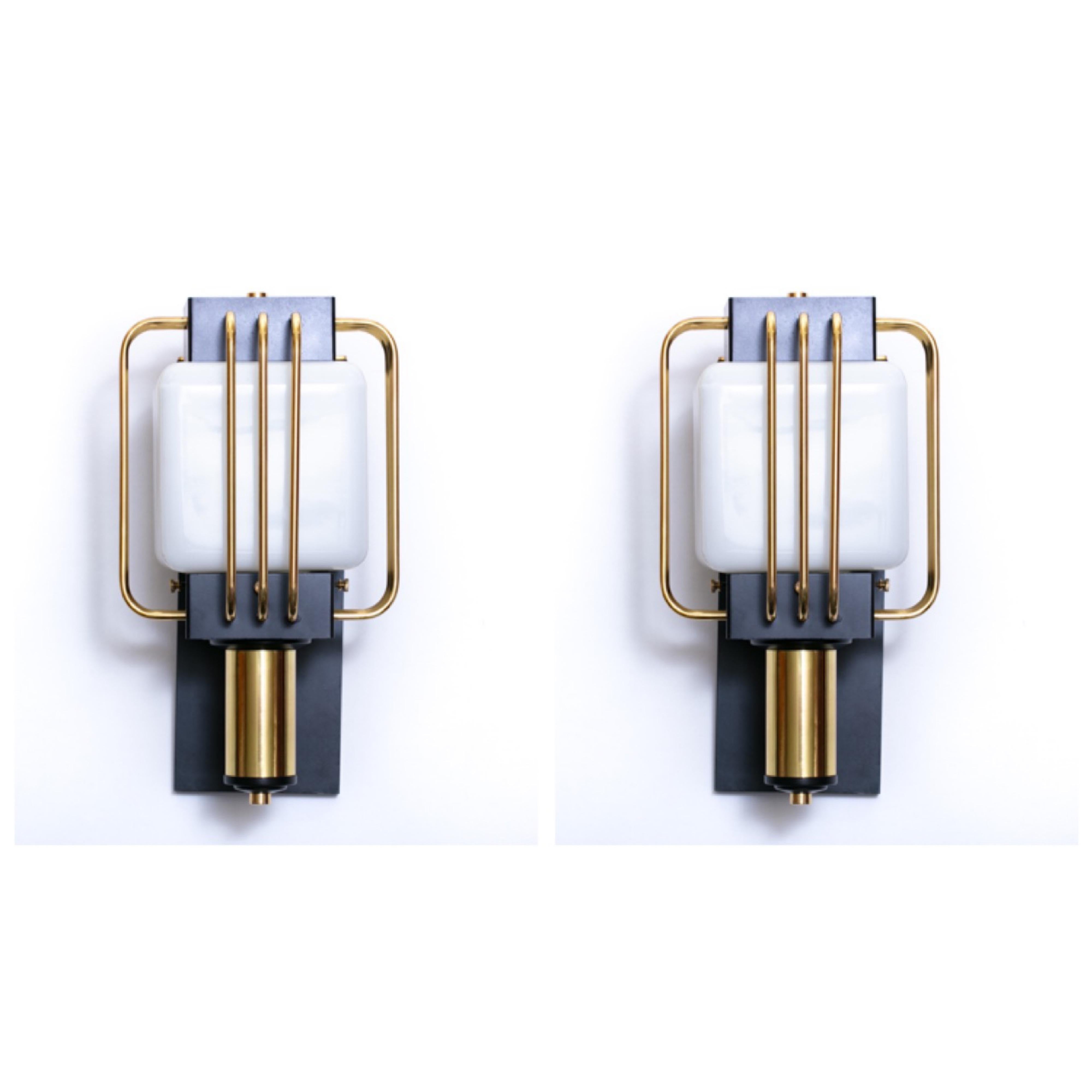 Art Deco Outdoor Pair of Sconces in White Enamel and Brass 3