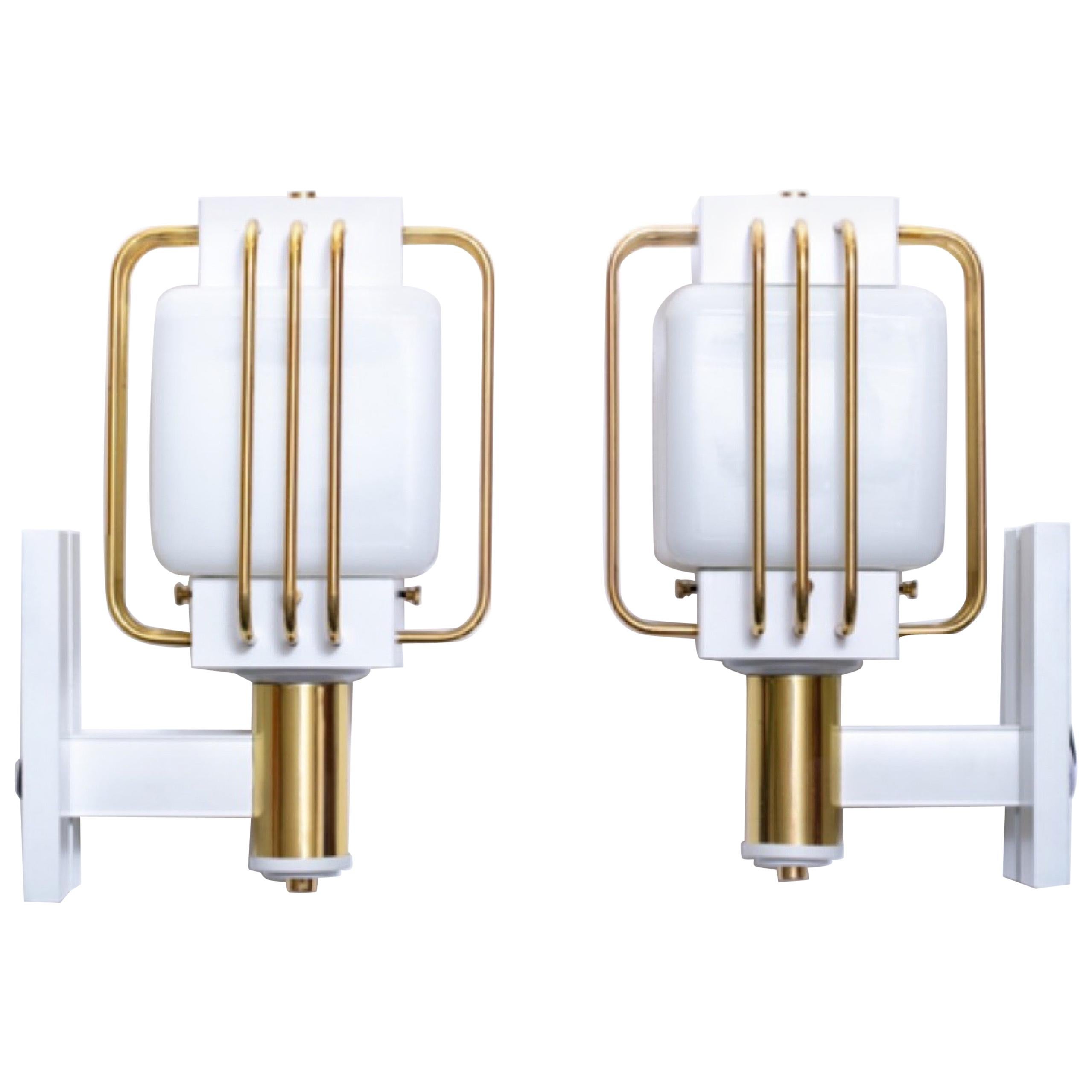 Art Deco Outdoor Pair of Sconces in White Enamel and Brass