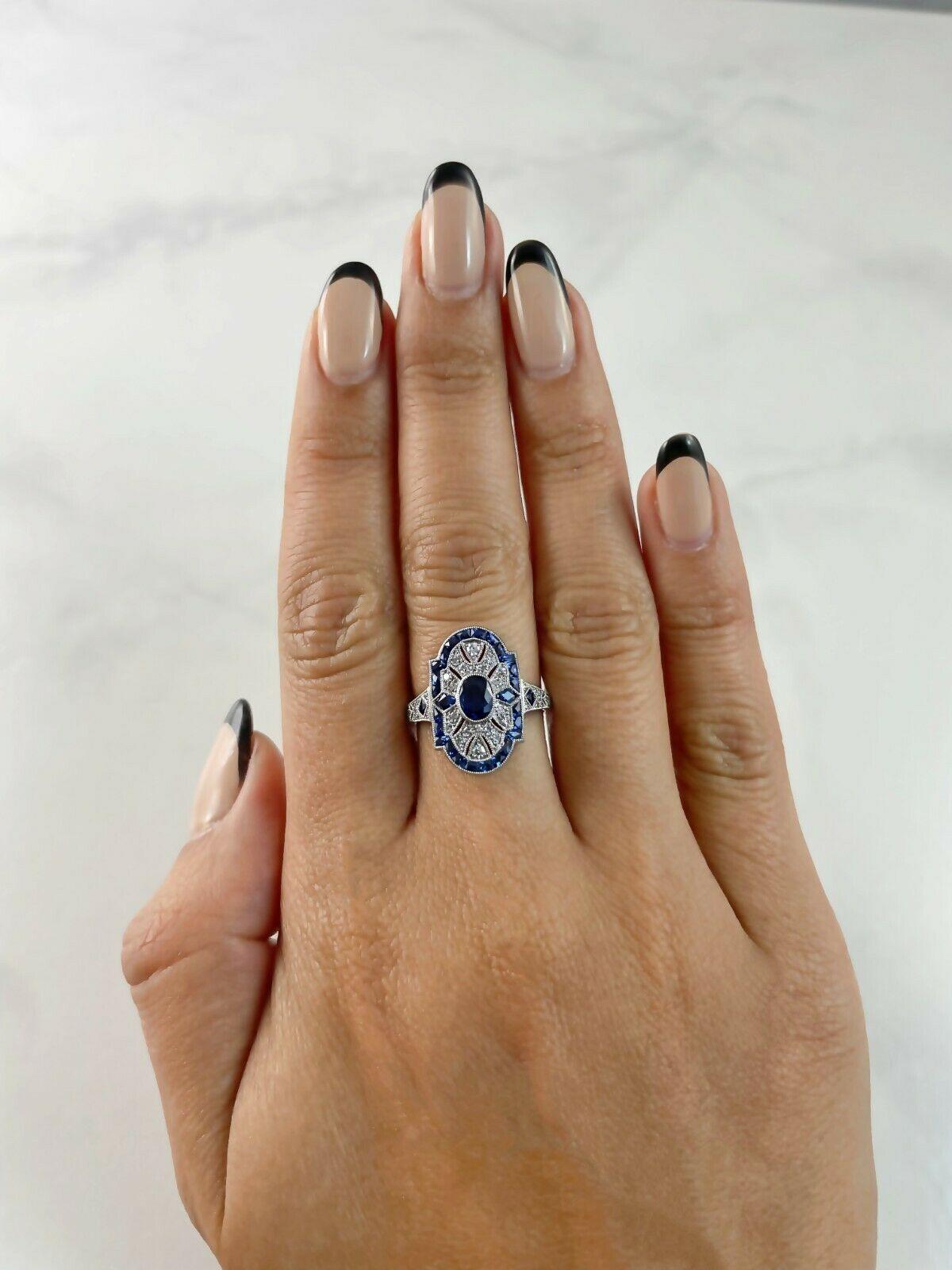 Bague de fiançailles en platine de style Art déco avec saphir ovale 0,57 carat et diamant 1,55 carat Neuf à Los Angeles, CA