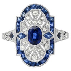 Art Deco Style Oval 0.57 CT Sapphire Diamond 1.55 TCW Platinum Engagement Ring