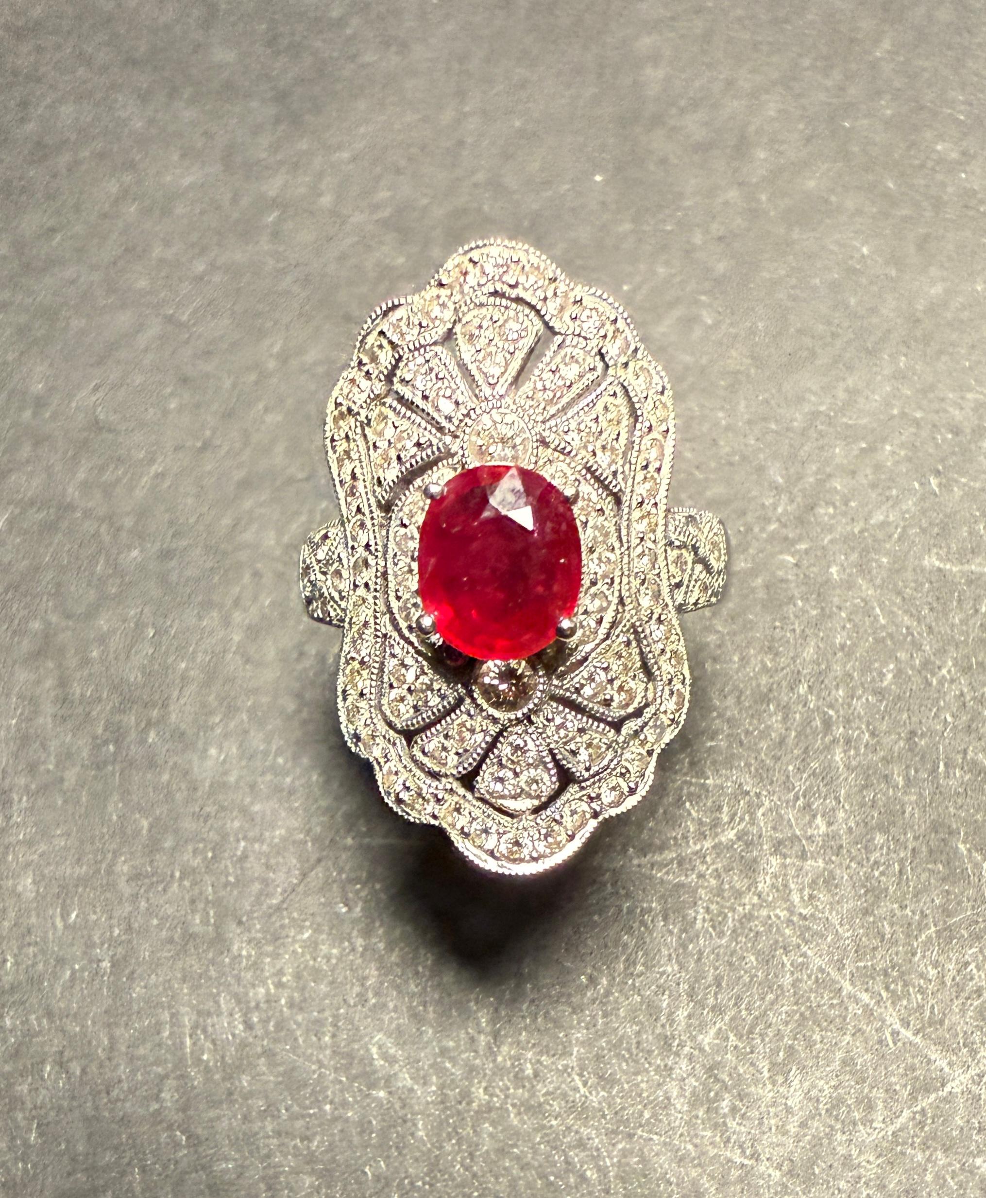 American Art Deco Oval 14K White Gold Diamond And Ruby Ring For Sale