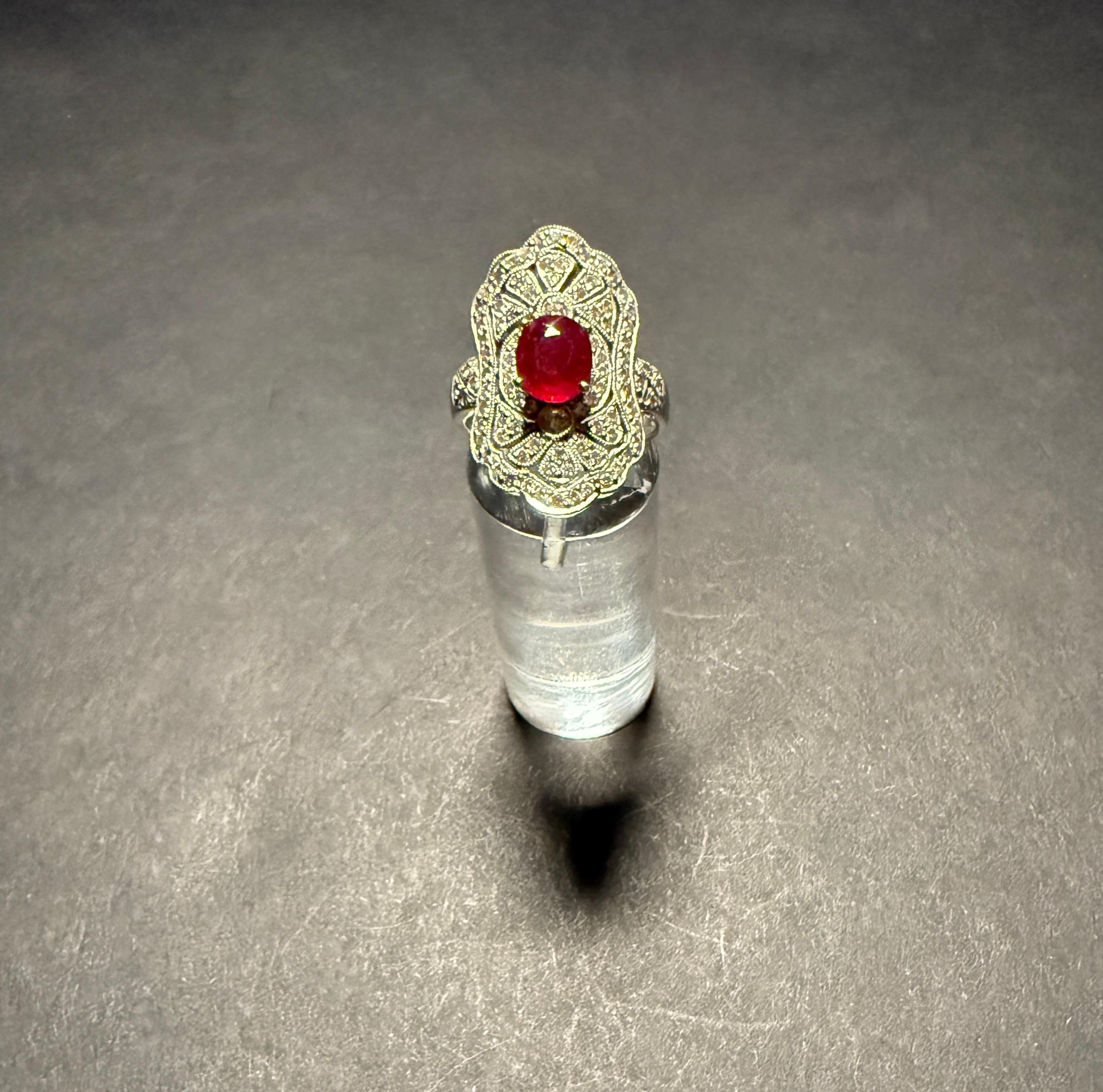 Art Deco Oval 14K White Gold Diamond And Ruby Ring In Good Condition For Sale In Norwood, NJ