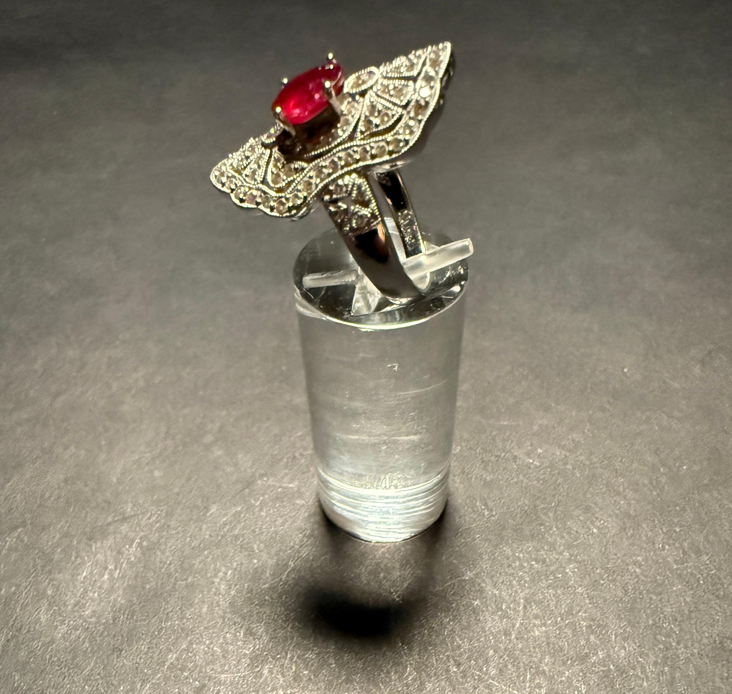 20th Century Art Deco Oval 14K White Gold Diamond And Ruby Ring For Sale