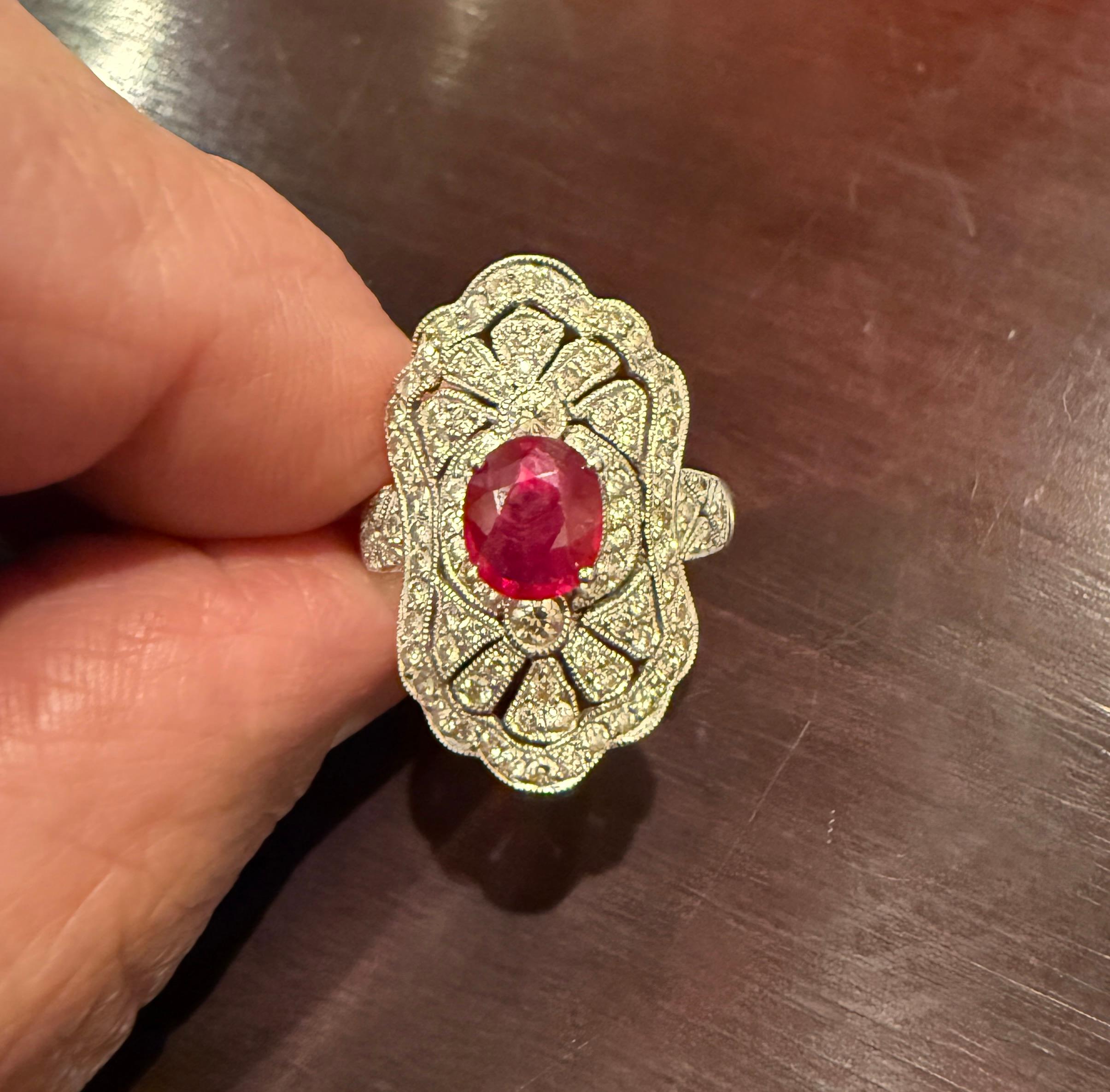 Art Deco Oval 14K White Gold Diamond And Ruby Ring For Sale 2