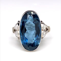 Art Deco Oval Aquamarine and Diamond Platinum Engagement Ring
