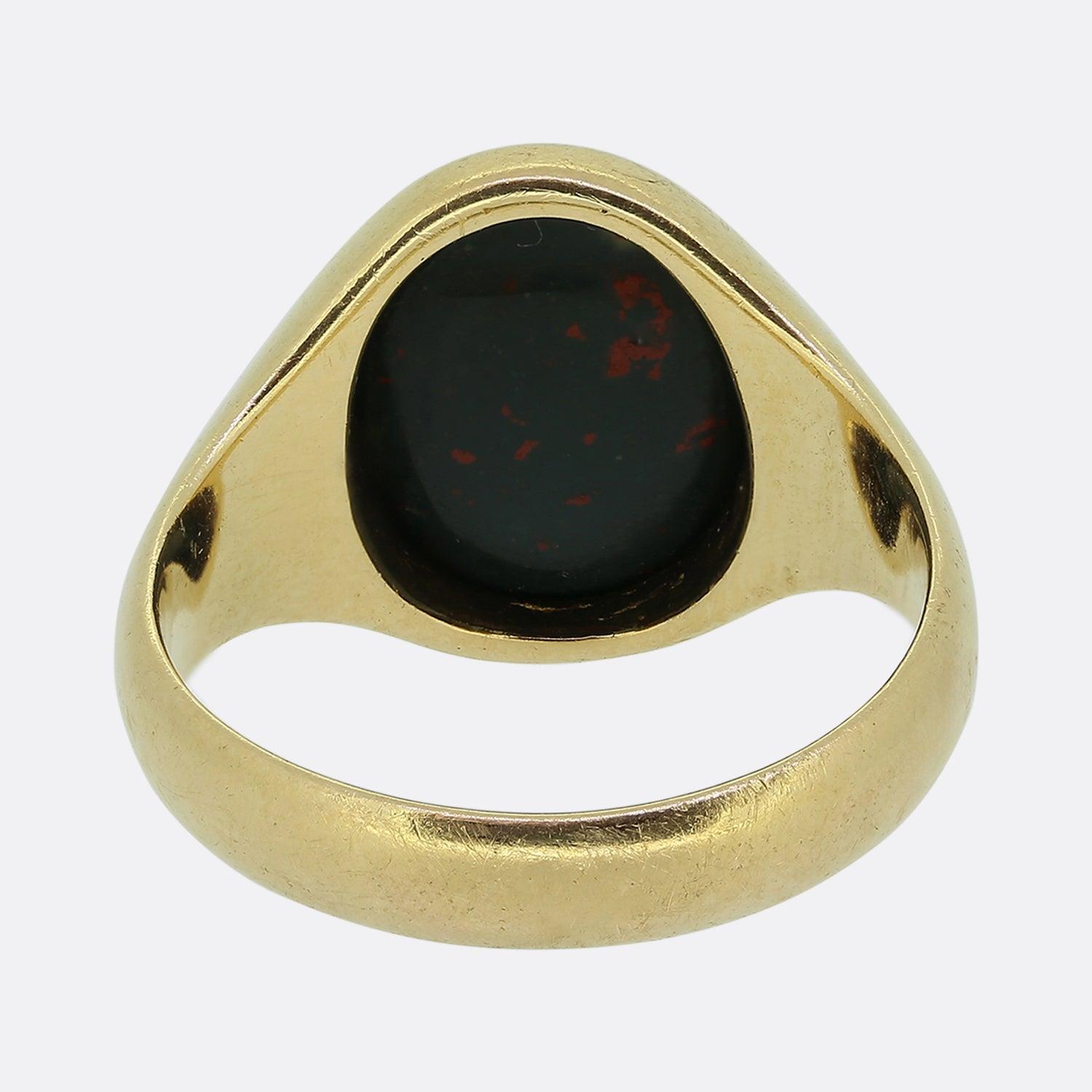 Women's or Men's Art Deco Oval Bloodstone Intaglio Signet Ring