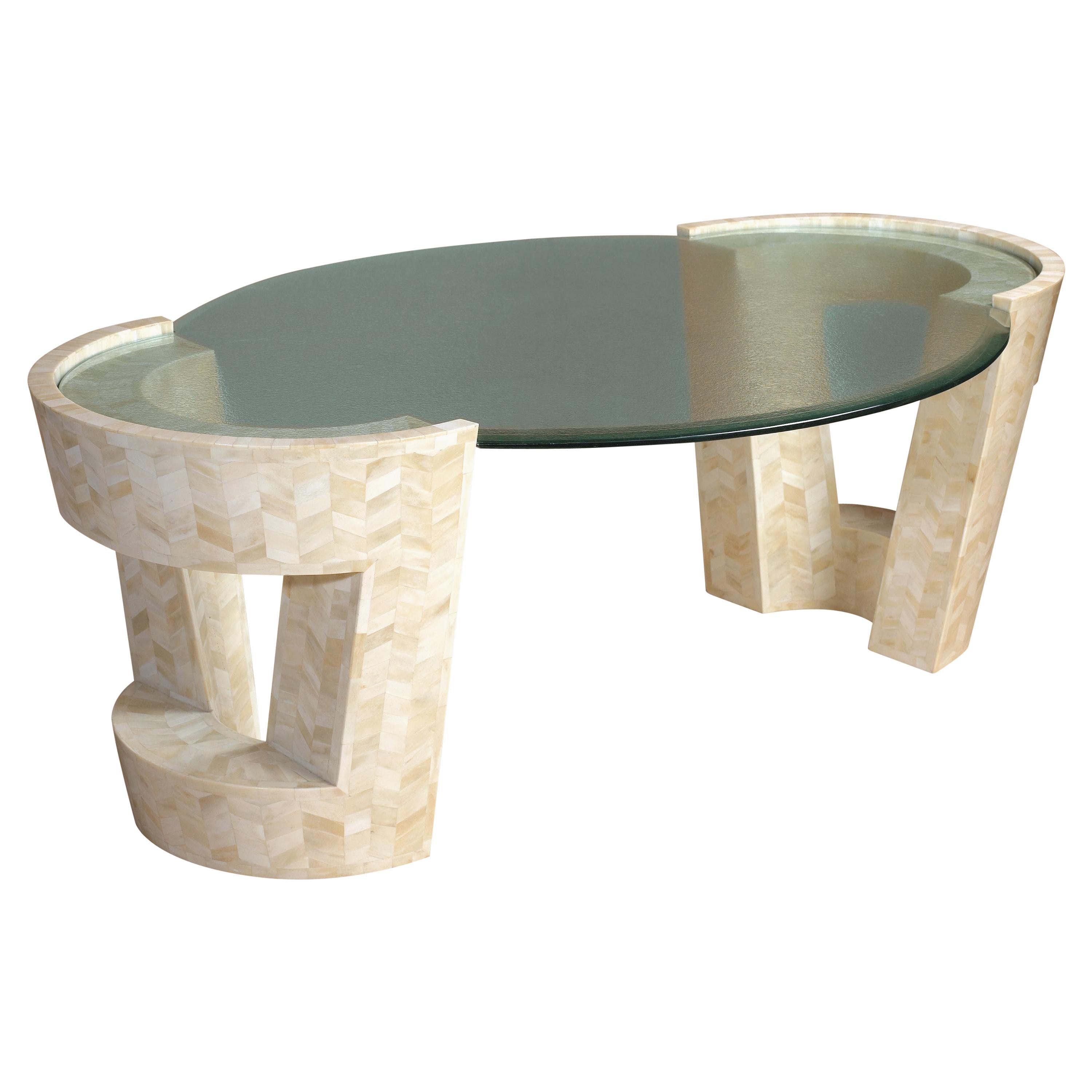 Art Deco Oval Bone Marquetry Coffee Table