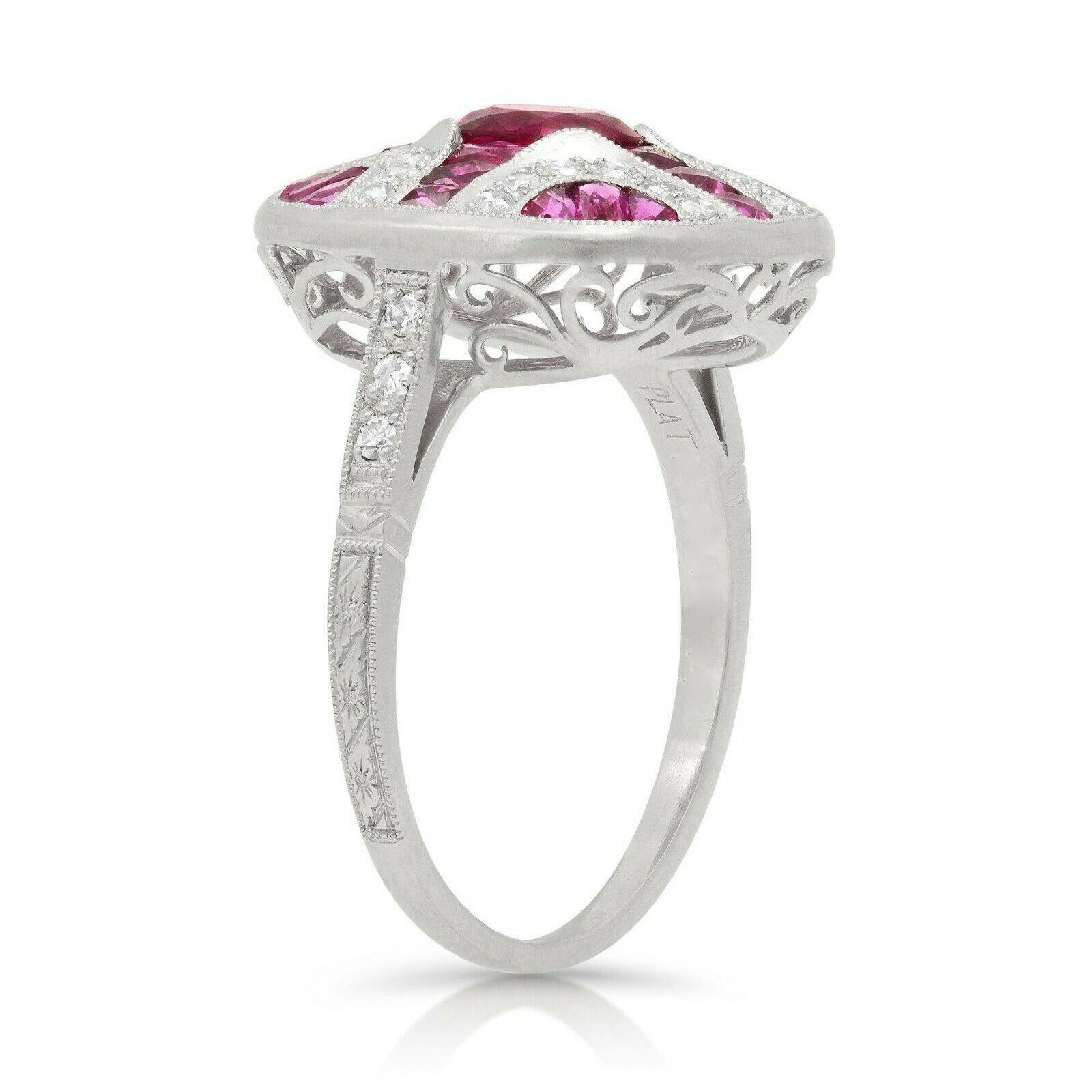 Art Deco Style Oval Cut 0.62 Ct Ruby Diamond 1.68 TCW Platinum Engagement Ring In New Condition In Los Angeles, CA