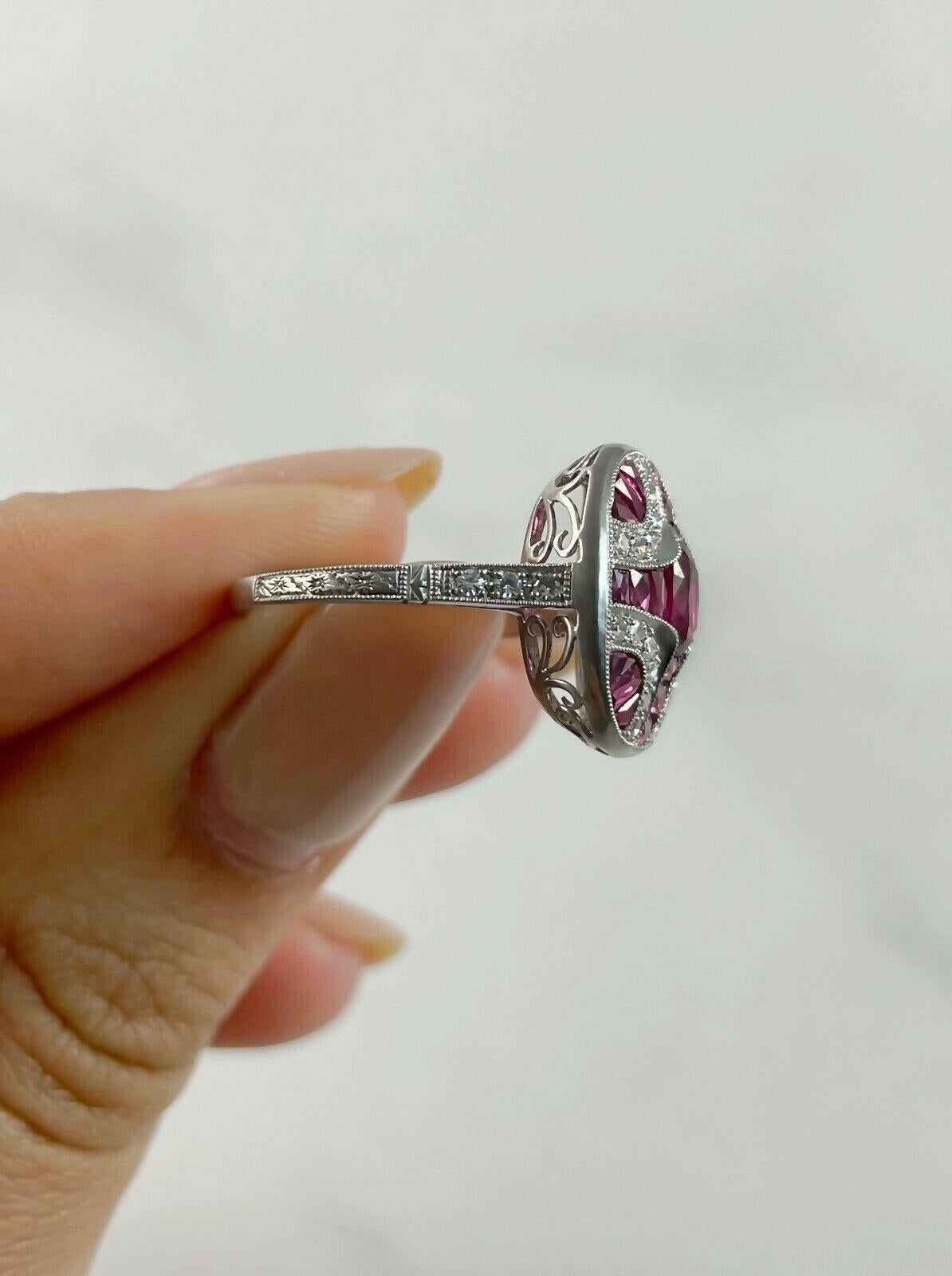 Art Deco Style Oval Cut 0.62 Ct Ruby Diamond 1.68 TCW Platinum Engagement Ring 1
