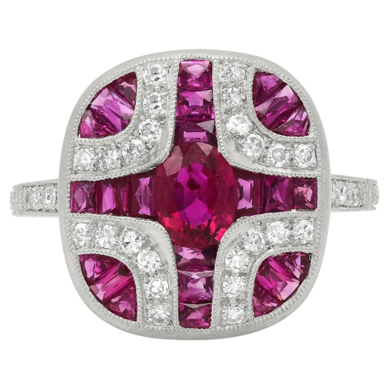 Art Deco Style Oval Cut 0.62 Ct Ruby Diamond 1.68 TCW Platinum Engagement Ring