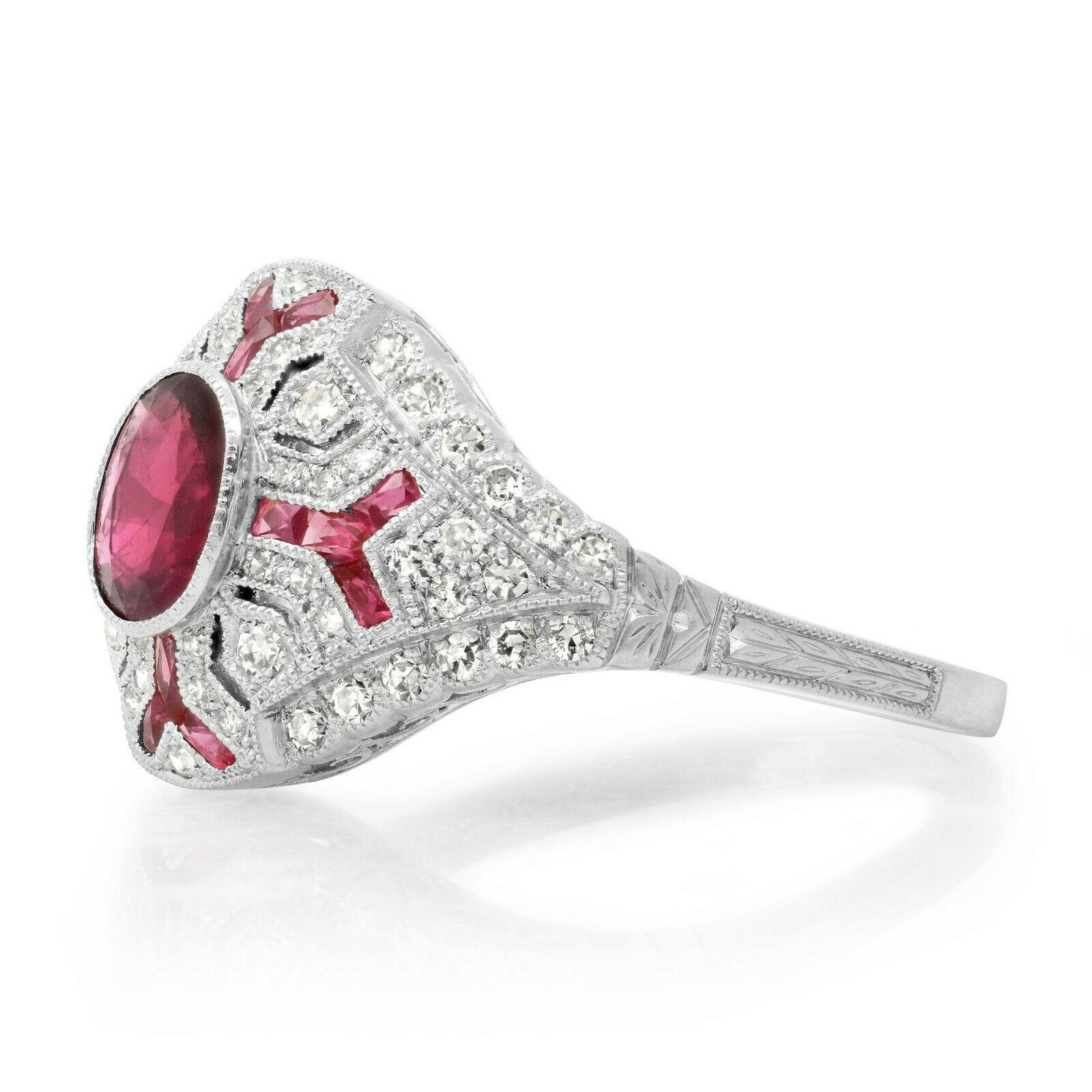 Ruby (1.16 total carat weight) and diamond (0.3 total carat weight) antique inspired cocktail ring in 900 platinum. The ring is designed and handmade locally in Los Angeles by Sage Designs L.A. using earth-mined and conflict free diamonds and