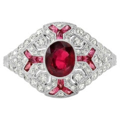 Art Deco Style Oval Cut 0.86 Ct Ruby Diamond 1.46 TCW Platinum Engagement Ring