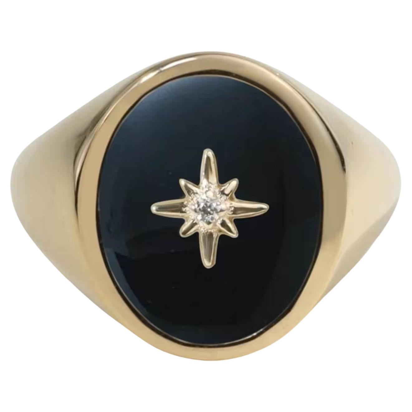 Anello con sigillo unisex in oro giallo 18 carati con onice nera e diamanti taglio ovale Art Deco
