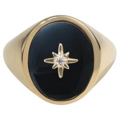 Art Deco Oval-Schliff Schwarzer Onyx & Diamant Unisex Siegelring - 18K Gelbgold