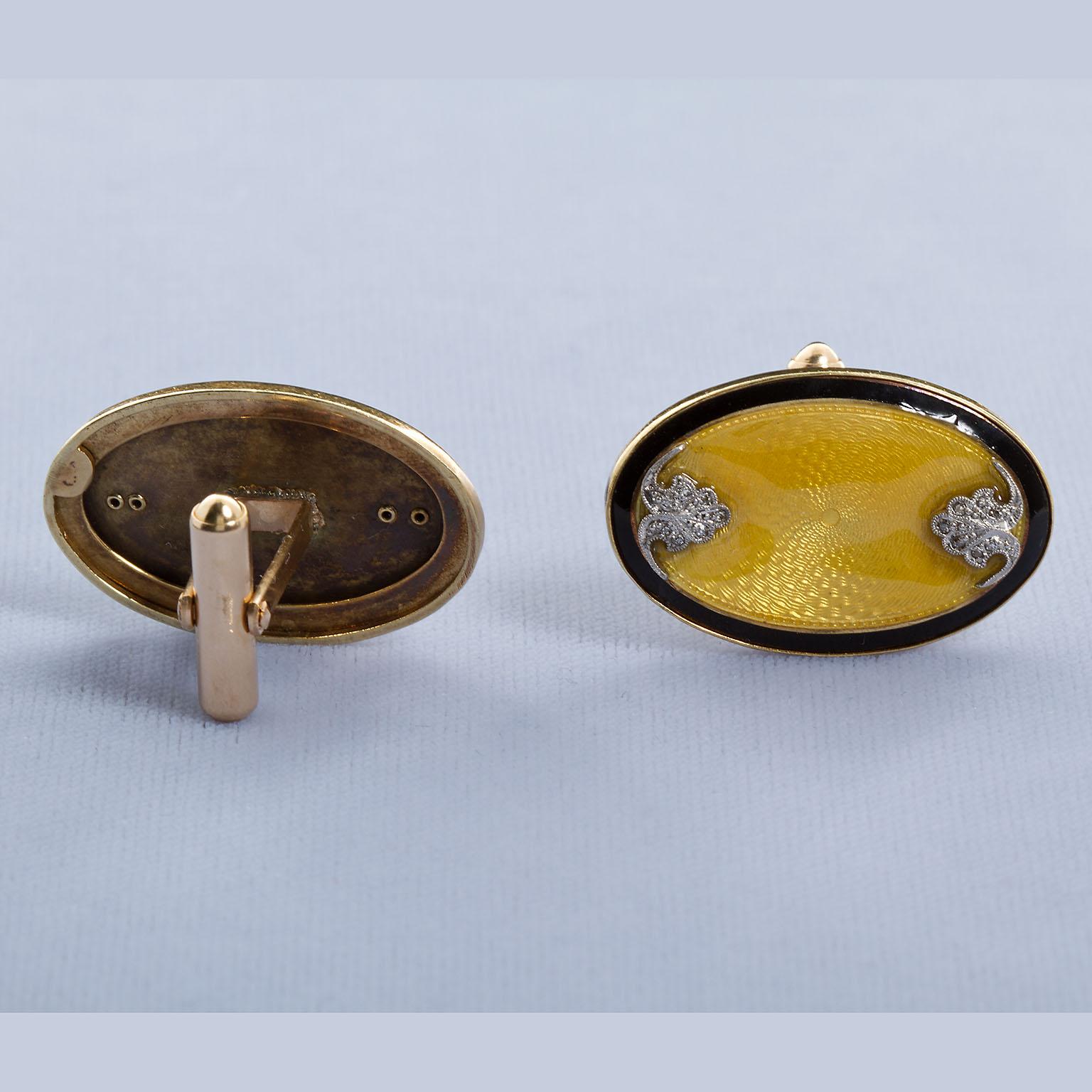Women's or Men's Art Deco Oval Diamond Gold Guilloche Cufflinks