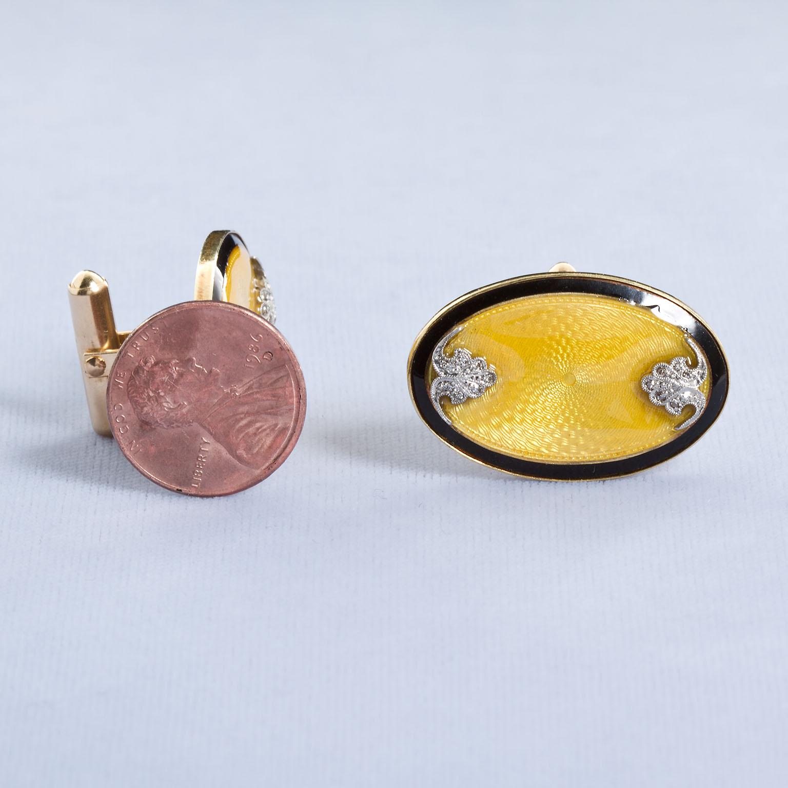 Manschettenknöpfe im Art déco-Stil, Oval Diamant Gold Guilloche 1