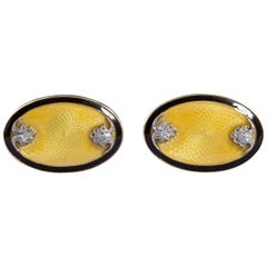 Art Deco Oval Diamond Gold Guilloche Cufflinks