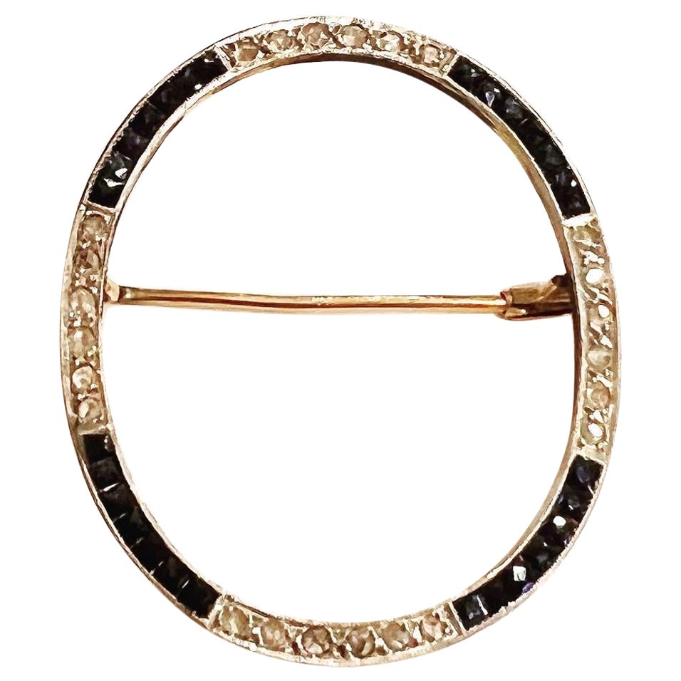 Art Deco  Oval Diamond Sapphire Platinum Yellow Gold Brooch