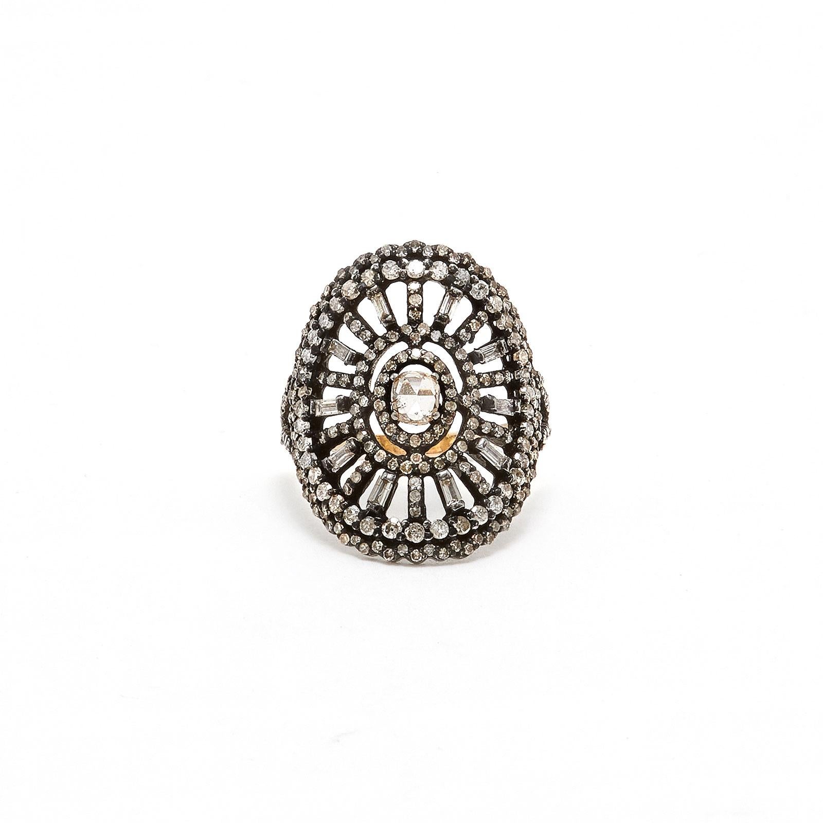 Rose Cut Diamond Oval Disc Art Deco Style Ring