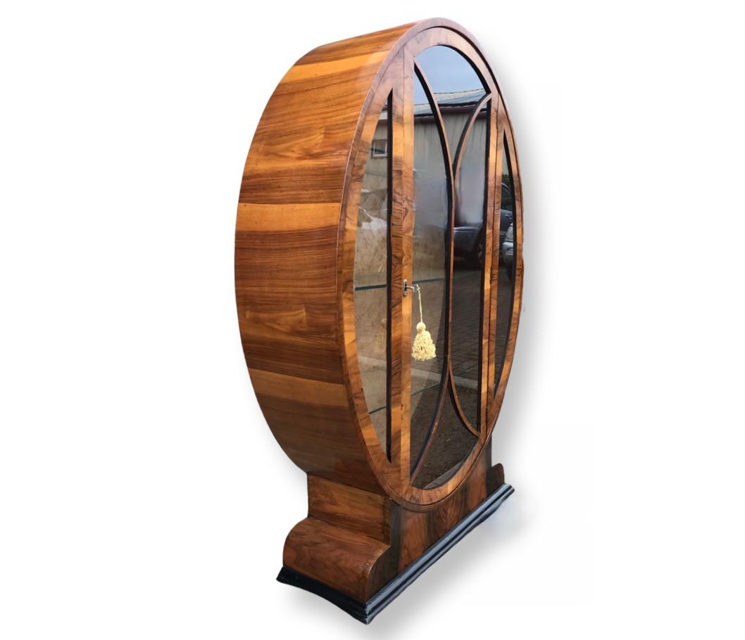 Walnut Art Deco Oval Display Cabinet in figured walnut