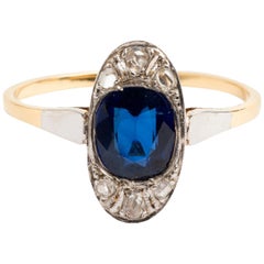 Art Deco Oval Fancy Sapphire and Diamond Cluster Ring, Est Total .060 Carat