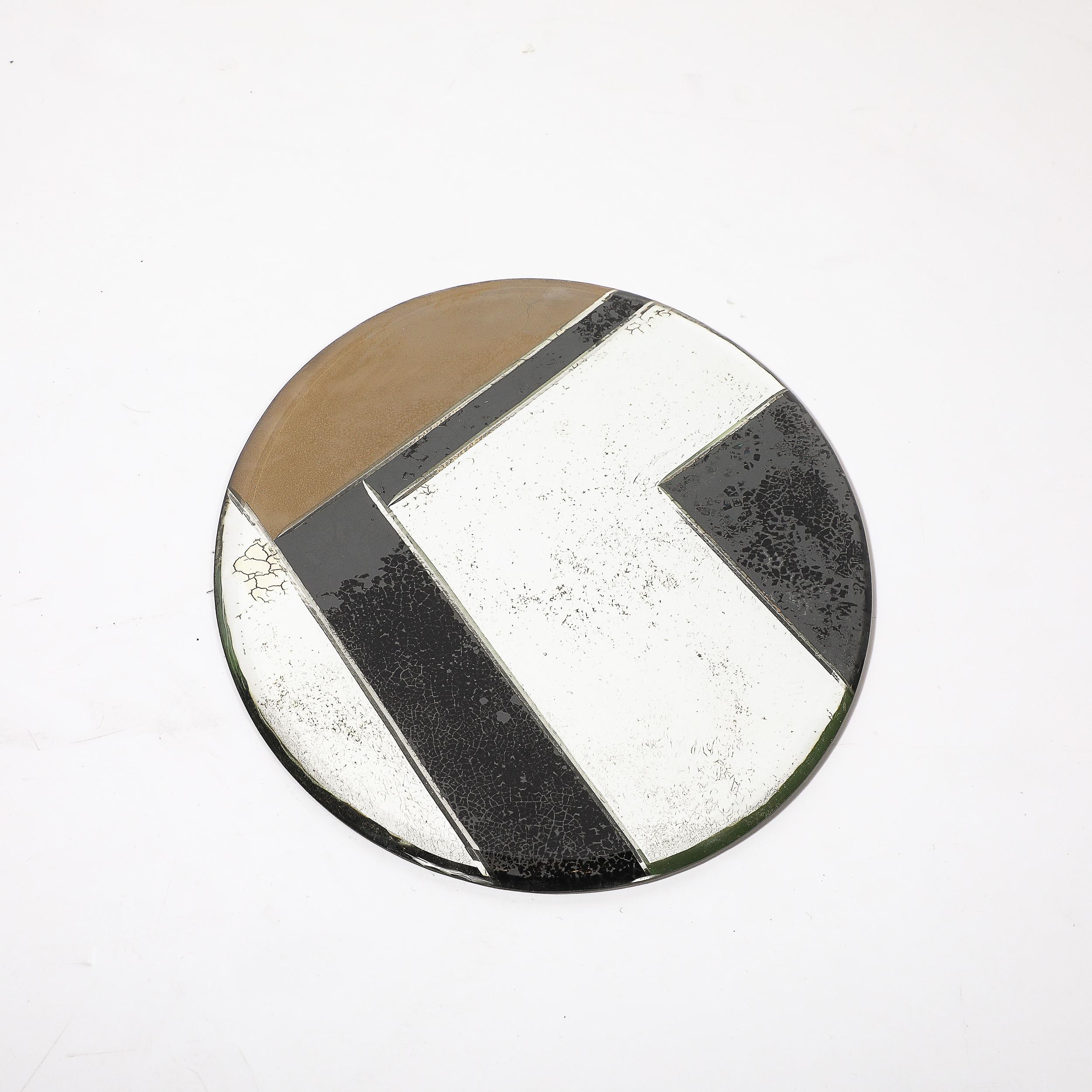 Art Deco Plateau ovale géométrique en églomisé avec gravure inversée et détails en Antique Mirror Bon état - En vente à New York, NY