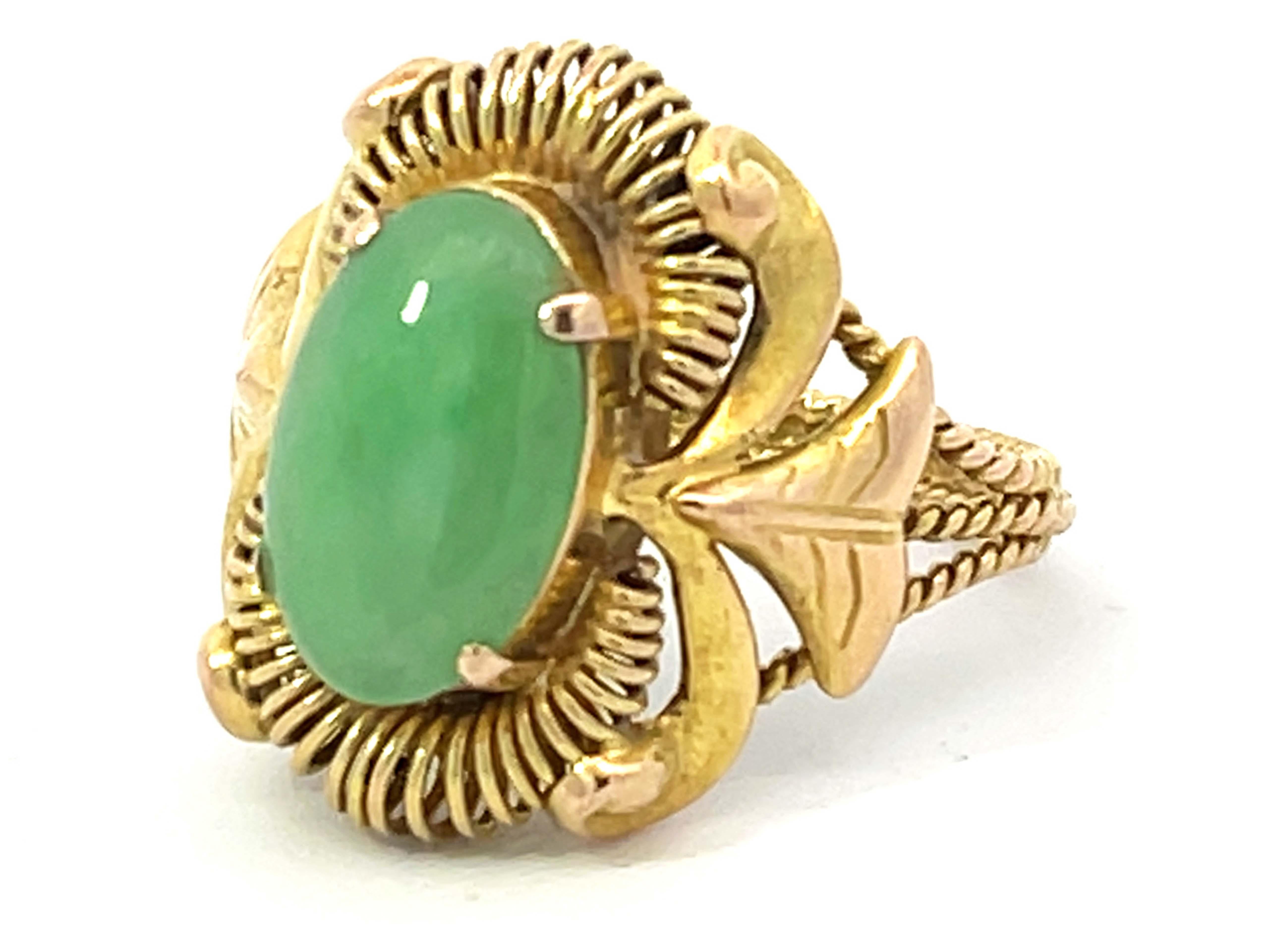 Modern Art Deco Oval Jade Ring in 14k Yellow Gold For Sale