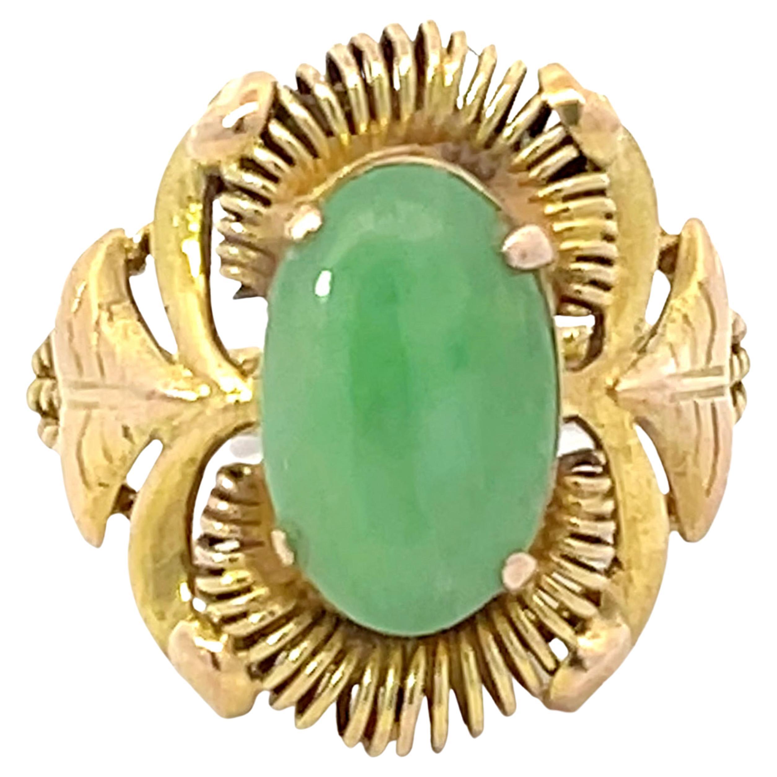 Art Deco Oval Jade Ring in 14k Yellow Gold For Sale
